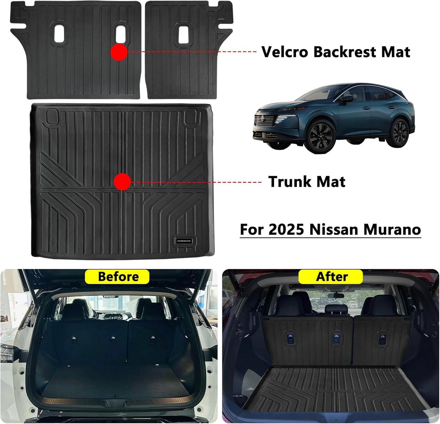 Trunk Mat & Backrest Mat for 2025 Nissan Murano TPE All Weather Protection Cargo Liner with Velcro Rear Seats Backrest