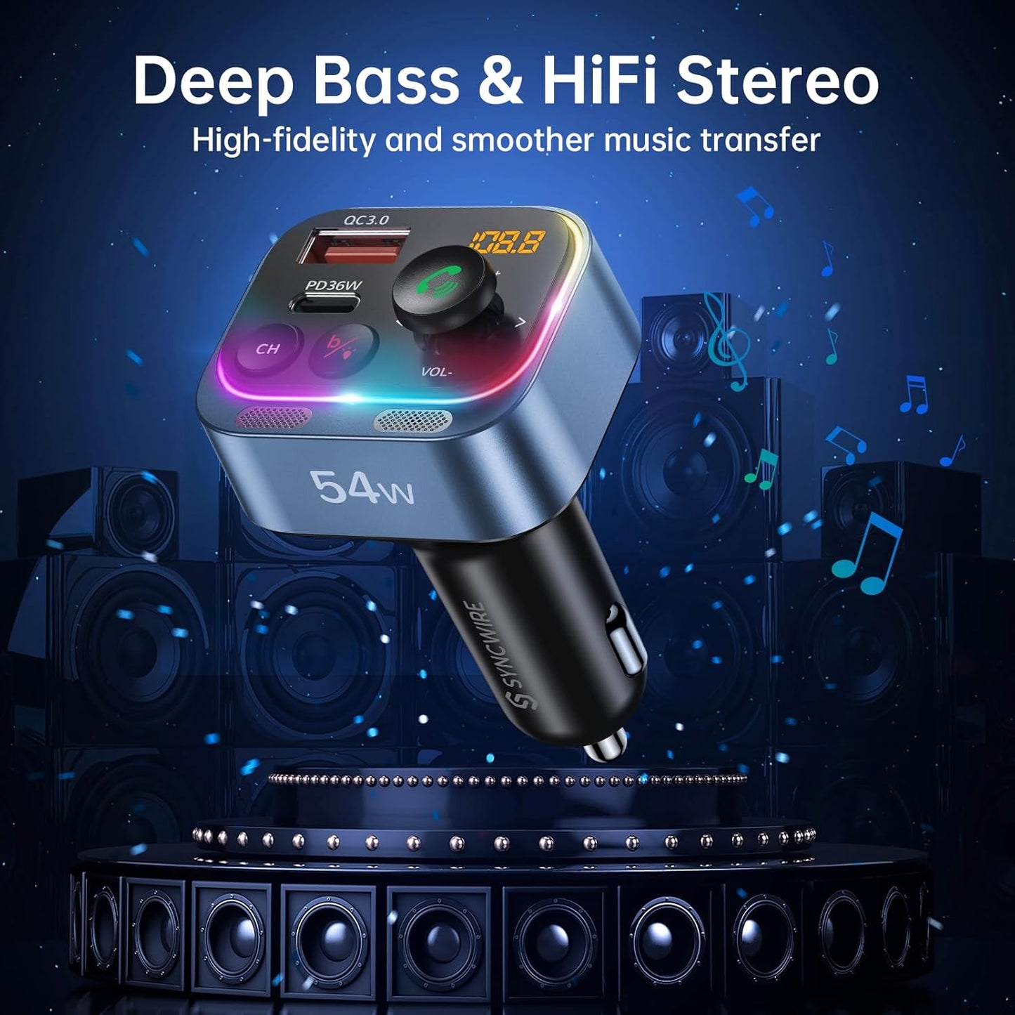 Syncwire Bluetooth 5.4 FM Transmitter Car Adapter 54W (PD 36W & 18W) [Fast Charging] [Stronger Dual Mics] [Light Switch] [HiFi Deep Bass] Wireless Radio Receiver Hands-Free Calling LED Display, Blue