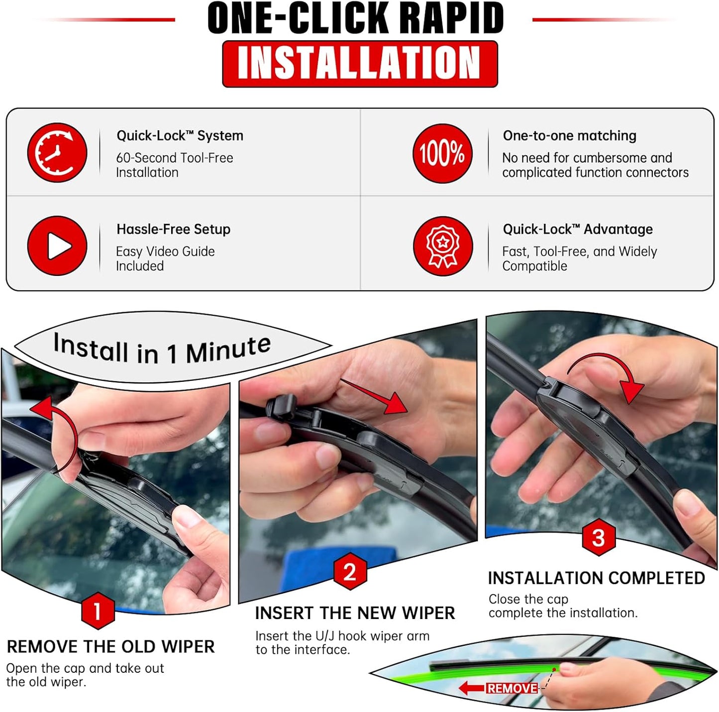 Windshield Wiper Blades Replacement for 2007-2017 Jeep Wrangler 2008-2018 Wrangler JK Original Factory Quality Front Rear Wipers Blade Set for My Car - 15" 15" 13" (Pack of 3)