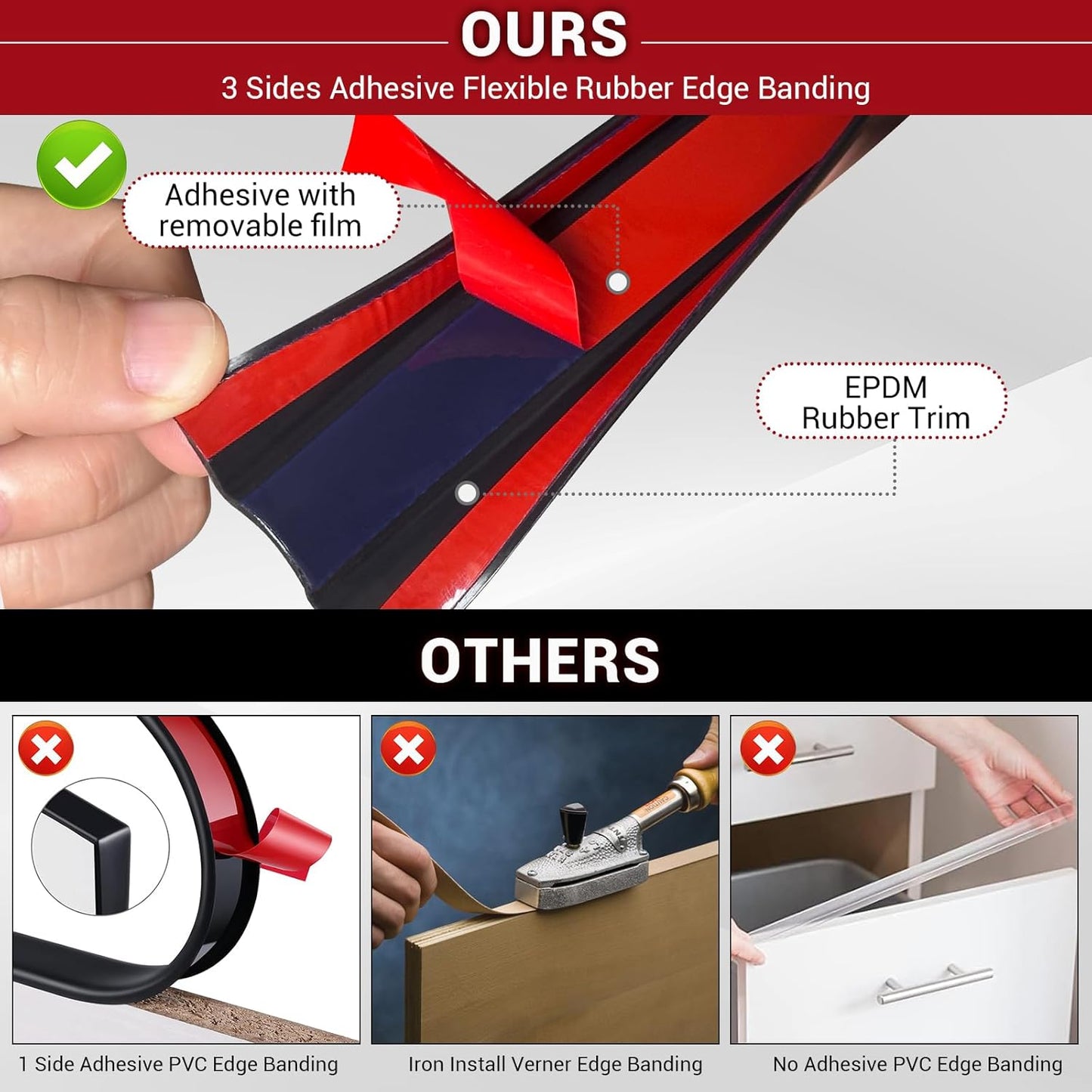 Rubber Edge Trim, 5/8" Self Adhesive Flexible U Channel Edge Protecter for Plywood, Tables, Desks, Cabinets, Counter Top, Wide U Shaped Edge Trim, Edge Banding, Black Color, 20Ft