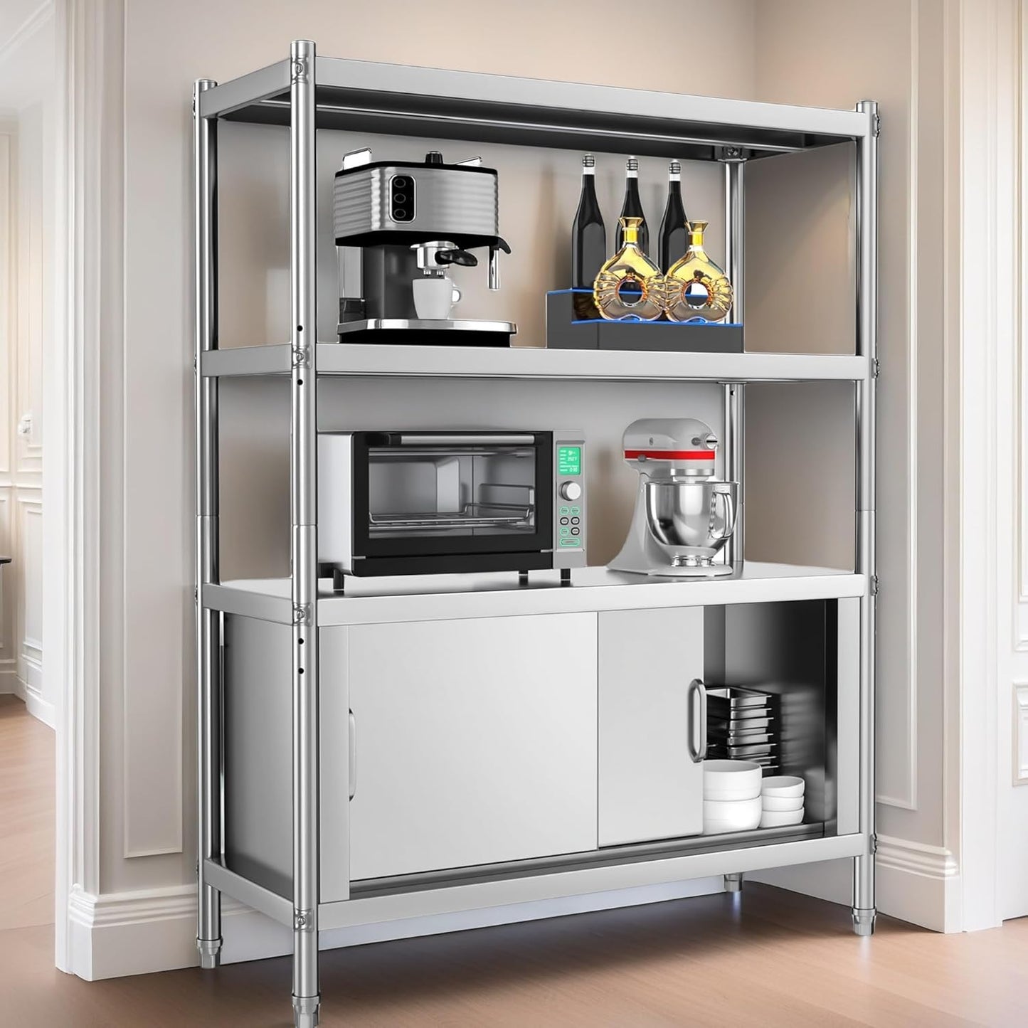 YITAHOME Stainless Steel Shelves 4 Tier, 48x18x60in Storage Shelf Unit with Cabinet, NSF Heavy Duty Floor Mount Shelving for Kitchen Garage Office Restaurant Warehouse, Indoor