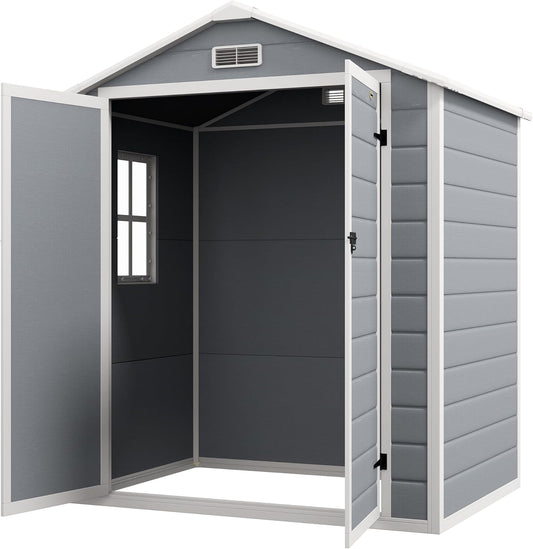 Outsunny 6' x 4.5' Outdoor Storage Shed, Plastic Shed with Vent, Window and Double Lockable Doors, Utility Resin Shed for Patio, Backyard, Lawn, Garage, Gray