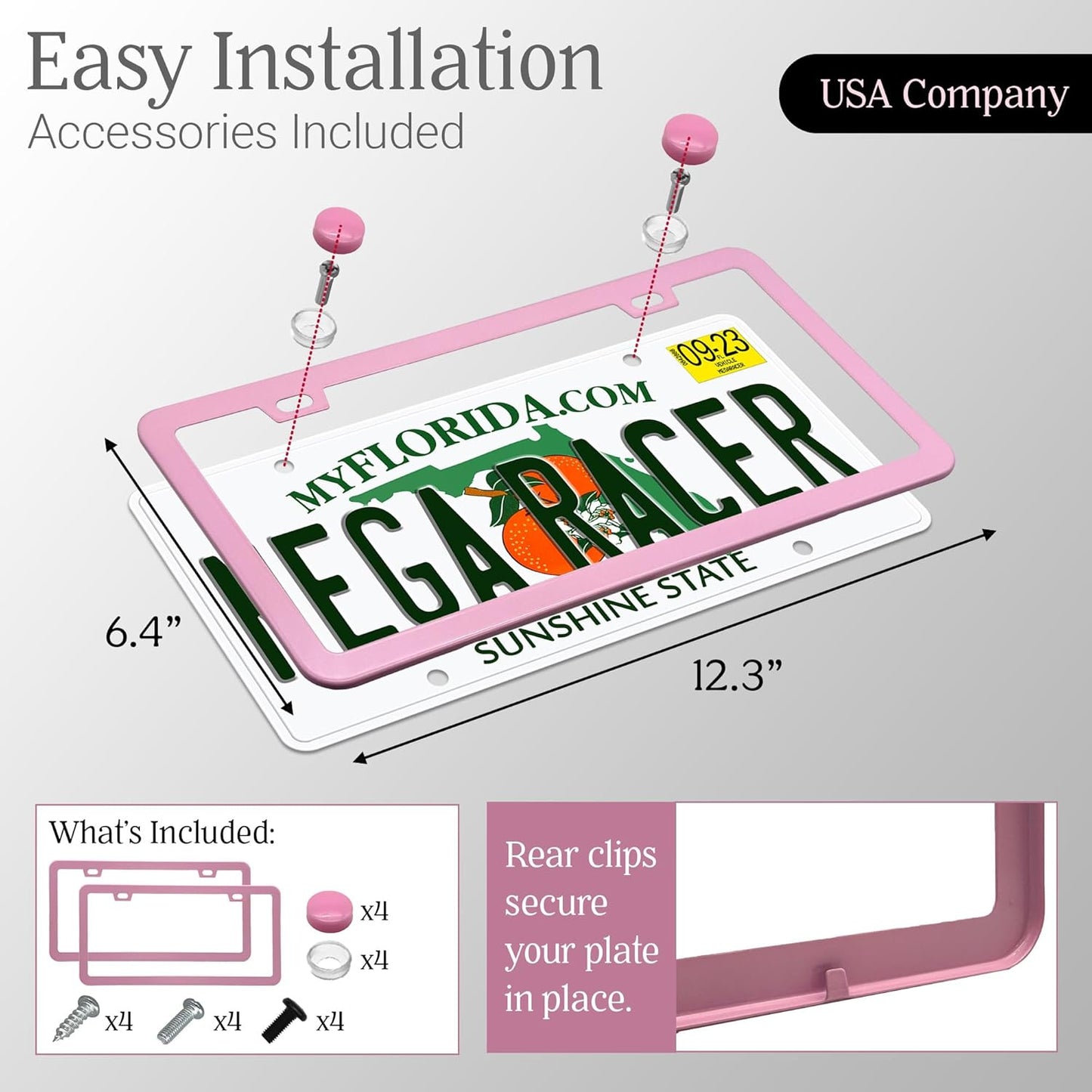 Premium Princess Pink License Plate Frames – 2 Pack, Rust-Free Stainless Steel, Street Legal, Rattle-Free, Universal Slim Design with Screw Covers, Durable Car Tag Holders for Women, Cute & Girly Gift