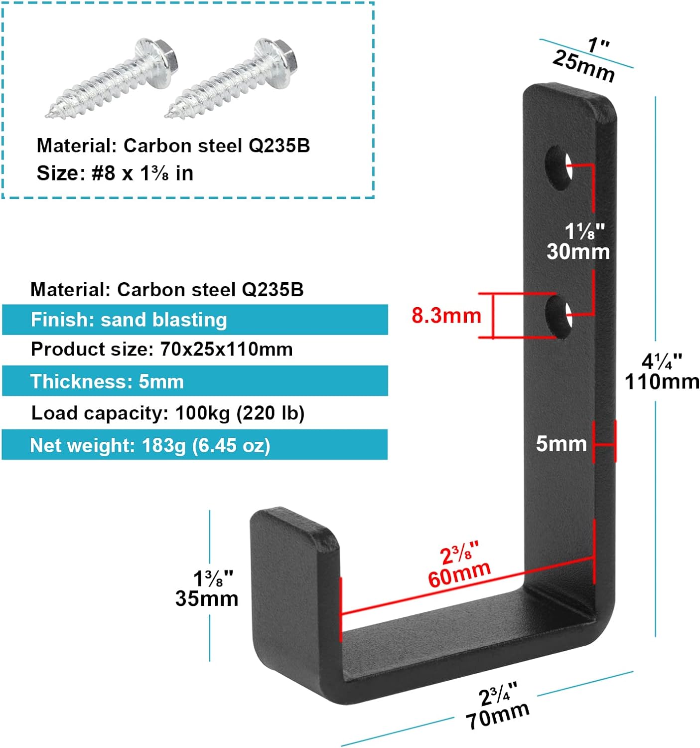 4 Pcs 4-3/8" Heavy Duty Black Steel J Hooks, Wall Mount Utility Hook for Hanging Barbells Garage Storage