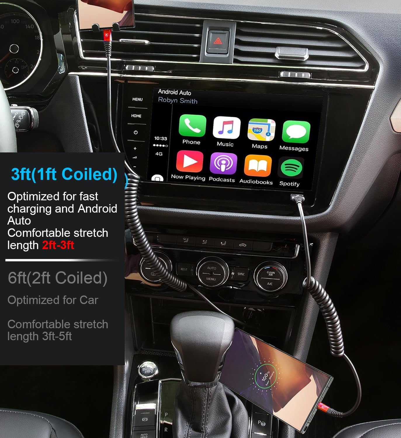 Coiled USB C Cable for Car 3FT & 6FT, USB C to USB C Fast Charging Cable USB Type C Cord Compatible with iPhone 16/15/Plus/Pro/Pro Max/MacBook Pro 2020/iPad Pro 2020/iPad Air 4/Samsung Galaxy S23-Red