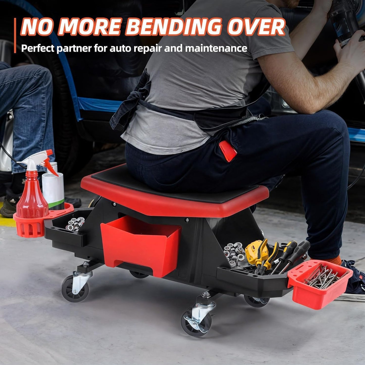 YITAHOME Detailing Stool with Wheels, Mechanics Seat With 2 Removable Trays and Drawer, Heavy Duty Rolling Garage Stool 330 LBS Capacity, Rolling Tool Seat for Automotive Auto Repair Car Wash Upgraded