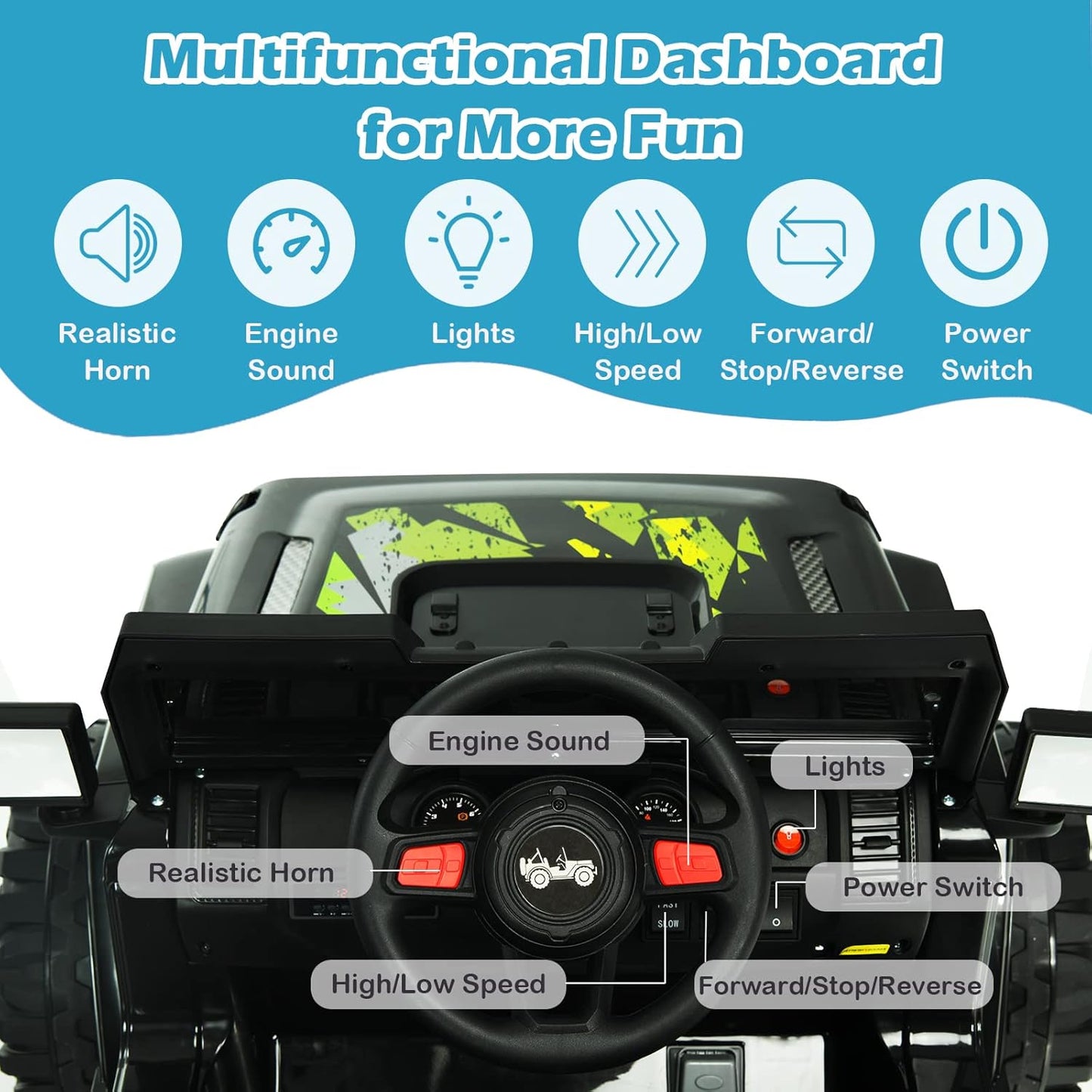 INFANS Kids Ride on Car Truck with 2.4G Remote Control, 12V Battery Powered Electric Cars for Kids w/3 Speeds, Battery Display, LED Lights, Safety Belt, Music & Horn, Bluetooth/FM/USB (Dark Black)