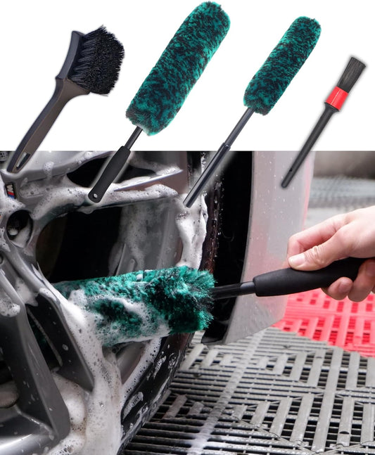 Professional 4 Pack Long Handle Wheel Brush Kit for Cleaning Wheel and Tire- 2X Soft Wheel Cleaning Brush, Detailing Brush and Stiff Tire Brush, Bendable& Durable Wheel Rim Cleaner Brush Set