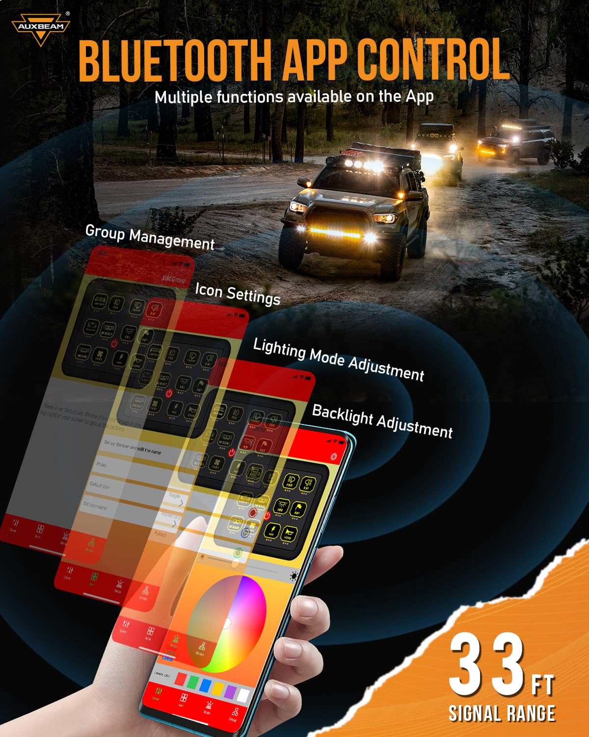 Auxbeam RGB 12 Gang Bluetooth Switch Panel AC-1200 w/165FT Long Range 433MHz Wireless Remote Control, Auto-Dimmable Panel w/Toggle Momentary Pulsed, Unique Patented Design Switch Pod Waterproof