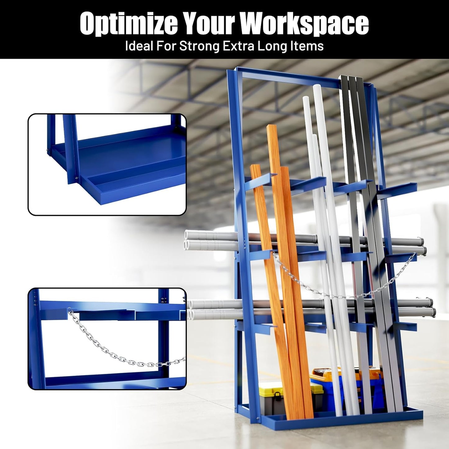 Vertical Bar Rack, 3000 LB Capacity, Steel Bays Long Parts Storage Rack, Lumber and Metal Garage Organizer, Heavy Duty Pipe Organizer Shelf With Chain for Garage Basement Pantry
