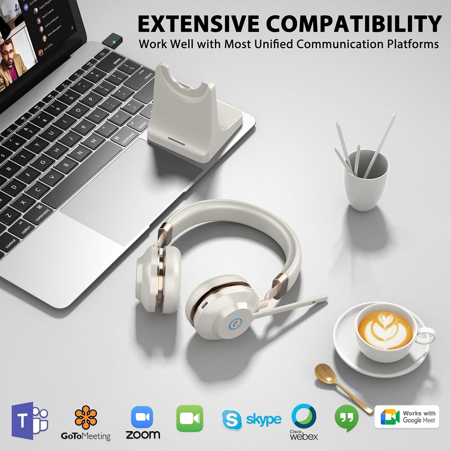 Wireless Headset with Mic for Work, Bluetooth Headset with Microphone Mute & Charging Dock, V5.2 Wireless Headphones with Mic Noise Canceling & USB Dongle, 45Hrs for Work/Meetings/Call Center/Office