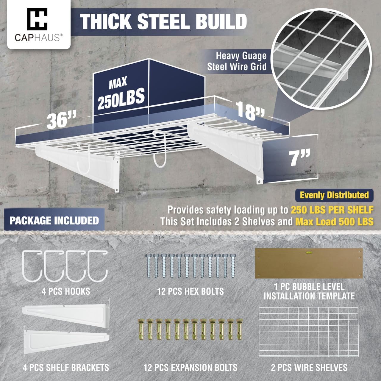 CAPHAUS 2-Pack Garage Shelving Wall Mounted 36x18 Inch, Heavy Duty Metal Wall Shelves with 4 Bike Hooks, 500lbs Capacity Storage Rack for Garage Organization System, White