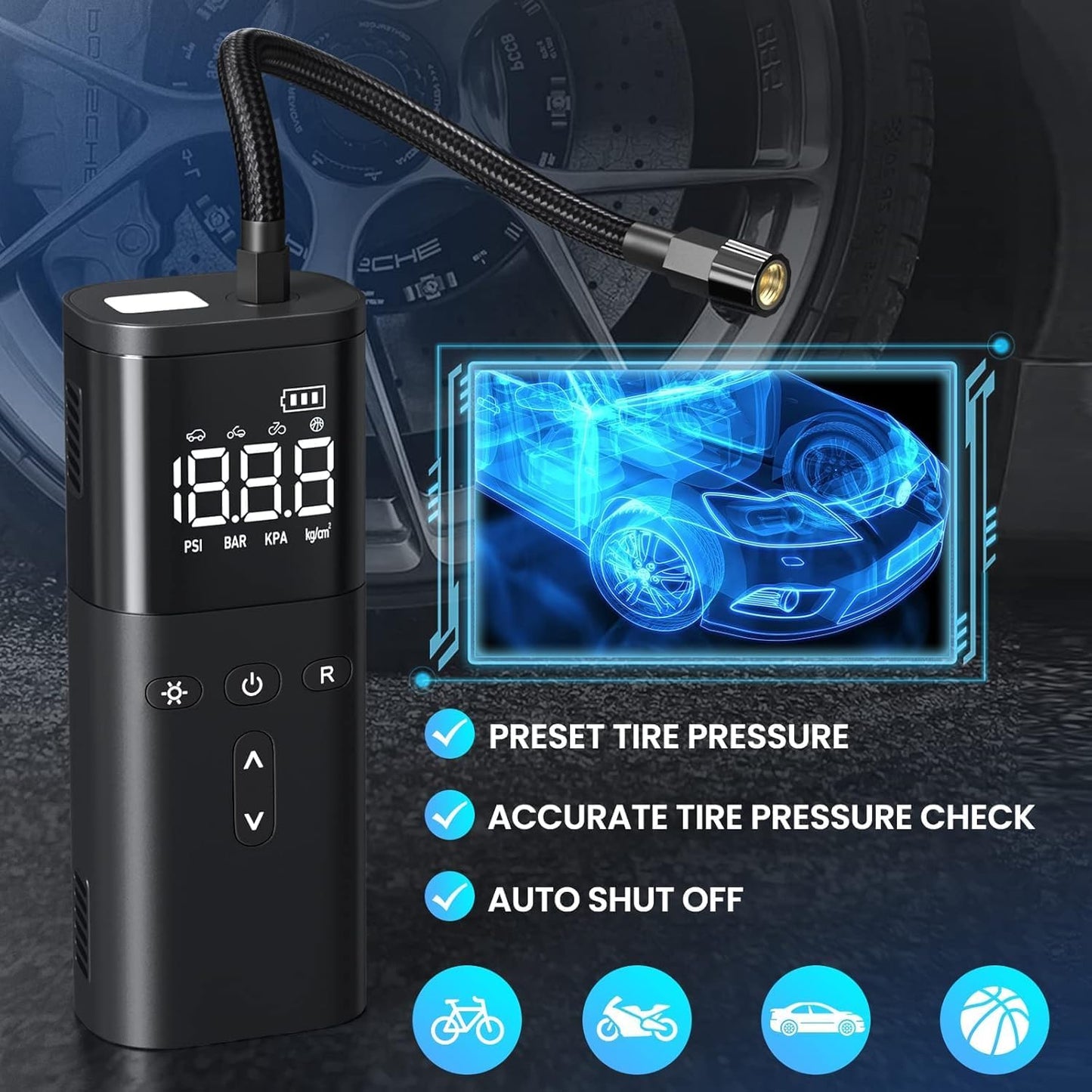 Tire Inflator Portable Air Compressor, Air Pump for Car Tires, Cordless Air Compressor 120 PSI - One Click Smart, Tire Pump for Car, Motorcycle, Bicycle, Balls, with Pressure Gauge, LED Light