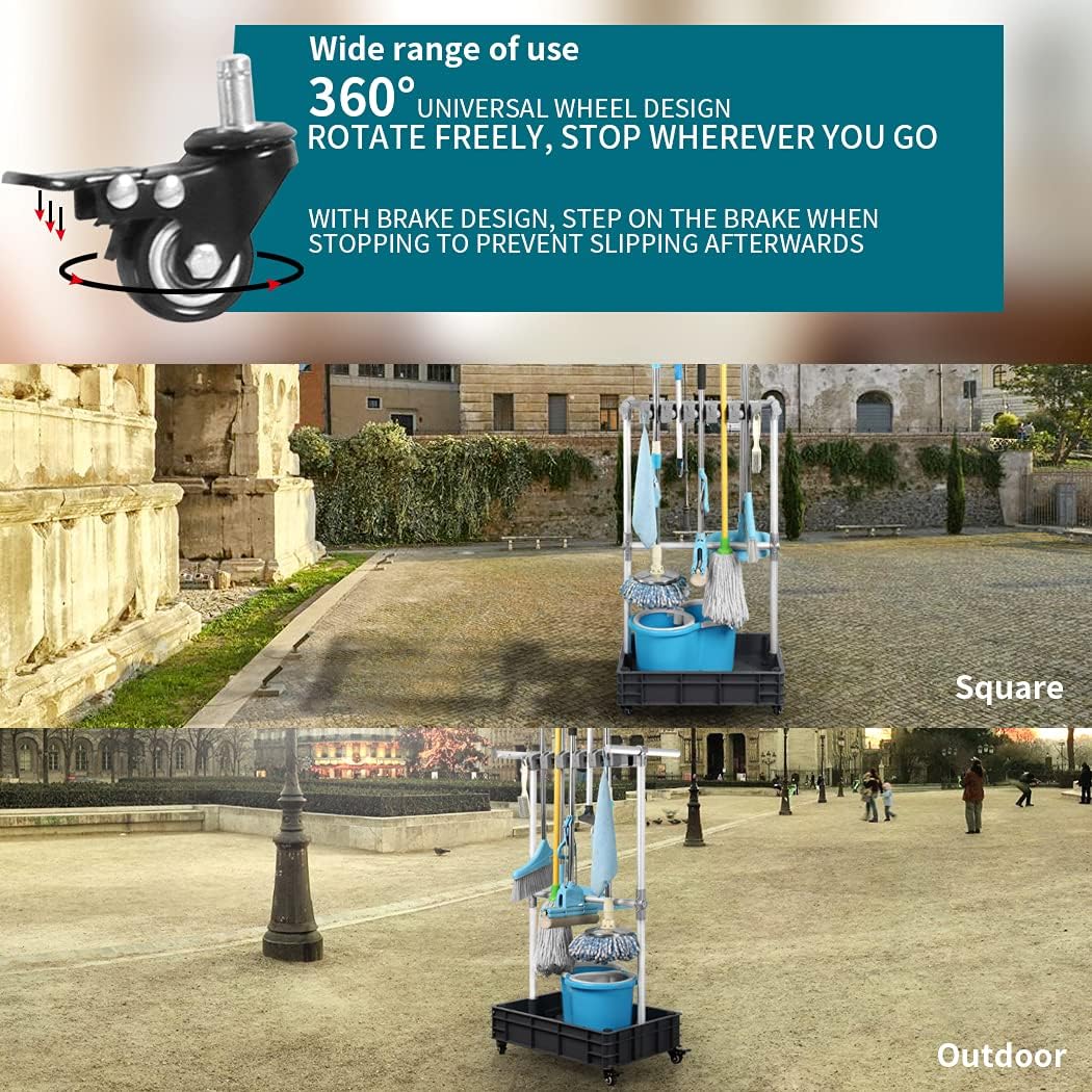 Broom And Mop Holder Put Wet Mops Movable Floor-Mounted Mop Rack Floor Standing Cleaning Tool Cart Storage For Garden Garage Schools, Hospitals, Factories, Hotels,Property Companies (12racks)