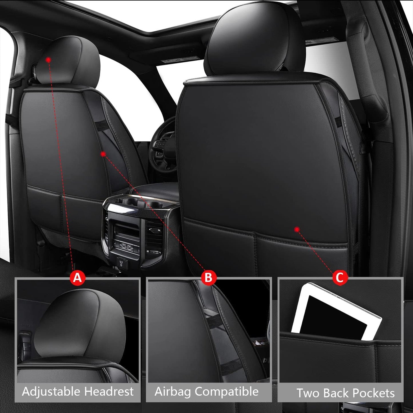 MIROZO Dodge Ram Seat Covers Full Set,5PCS Car Seat Cover Waterproof Fits for 2009-2025 Ram 1500 2500 3500 Crew Quad Regular Cab Pickup Cushions with Split Bench 40/60(Black,Full Set Flat Back)