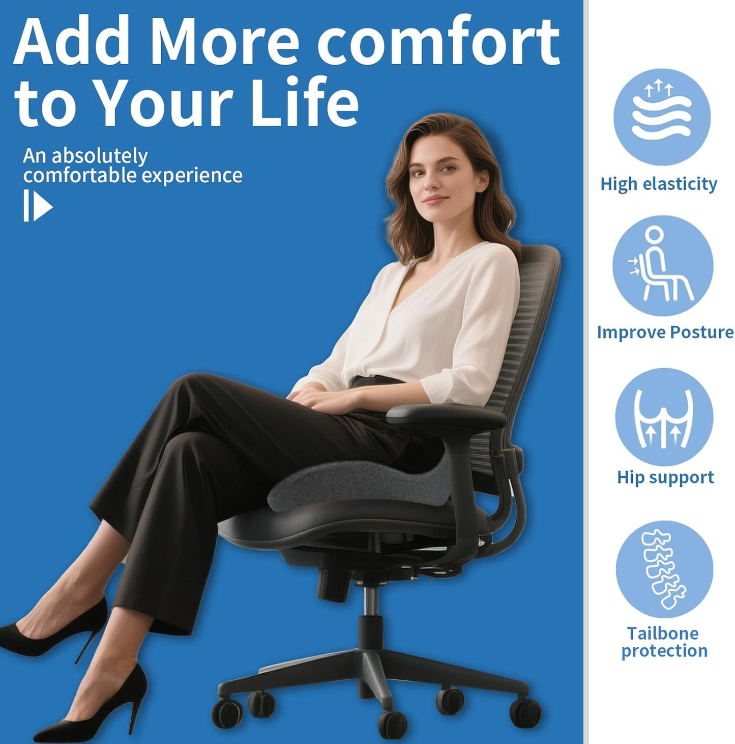 Office Chair Cushion - High Support Thickened Car Seat Cushion with Strap for Hip, Sciatica,and Tailbone Pain Relief - Ideal for Heavy People, Memory Foam Seat Cushion for Car, Truck, Home