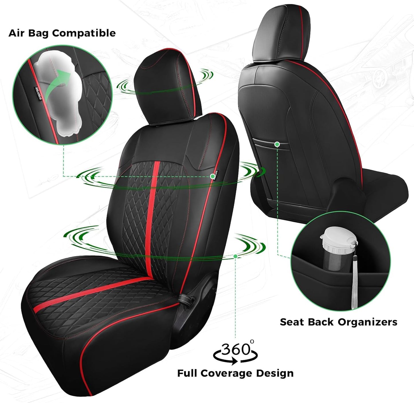 for Jeep Wrangler Seat Covers 4Door JK 2013 2014 2015 2016 2017, Custom Car Seat Cover Full Set, Luxury Leather Seat Protectors, Waterproof SUV Interior Cushions Accessories, Black Red Trim