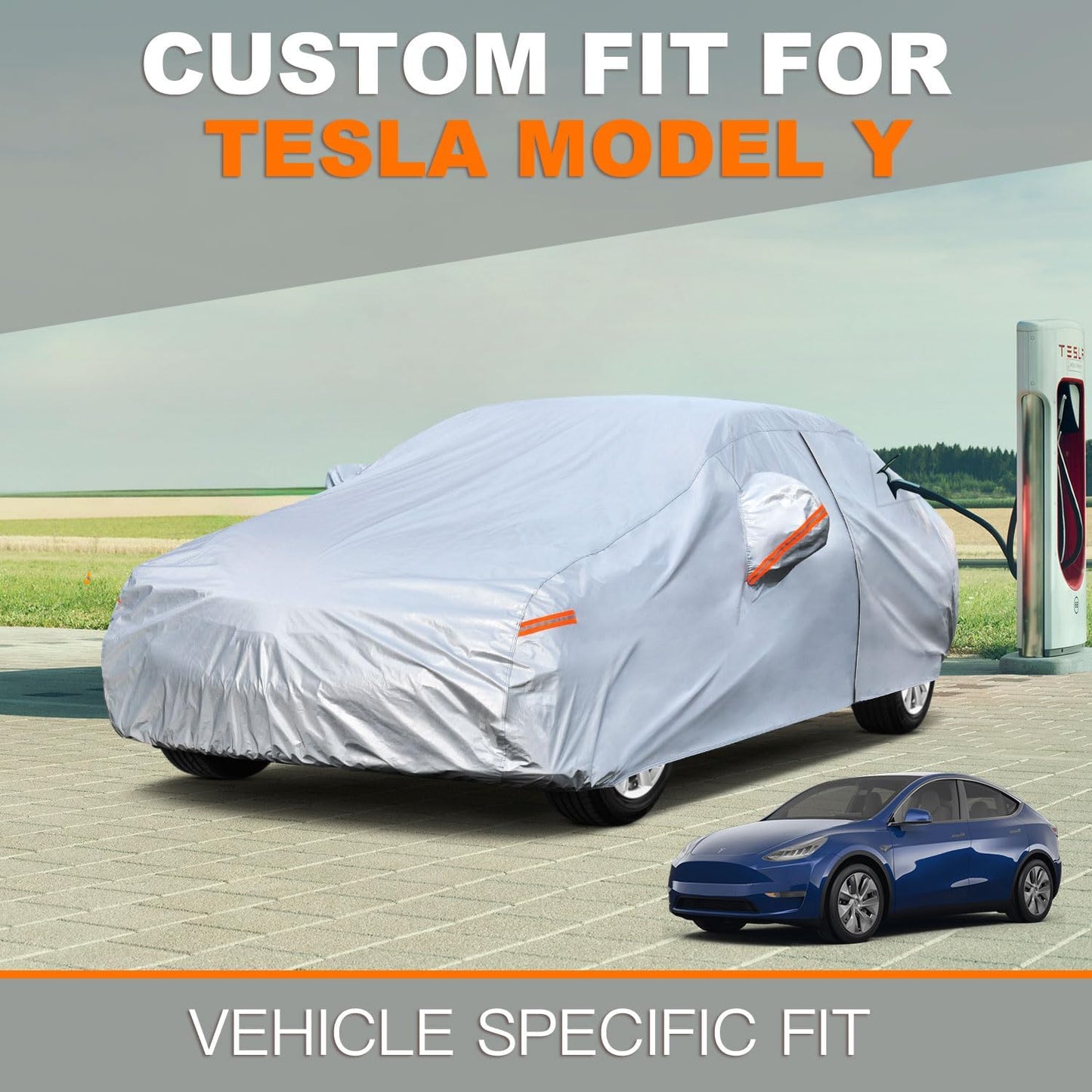 Kayme 6 Layers Car Cover Custom Fit for Tesla Model Y, Waterproof All Weather for Automobiles, Outdoor Full Car Cover Sun Rain UV Snow Protection.Silver