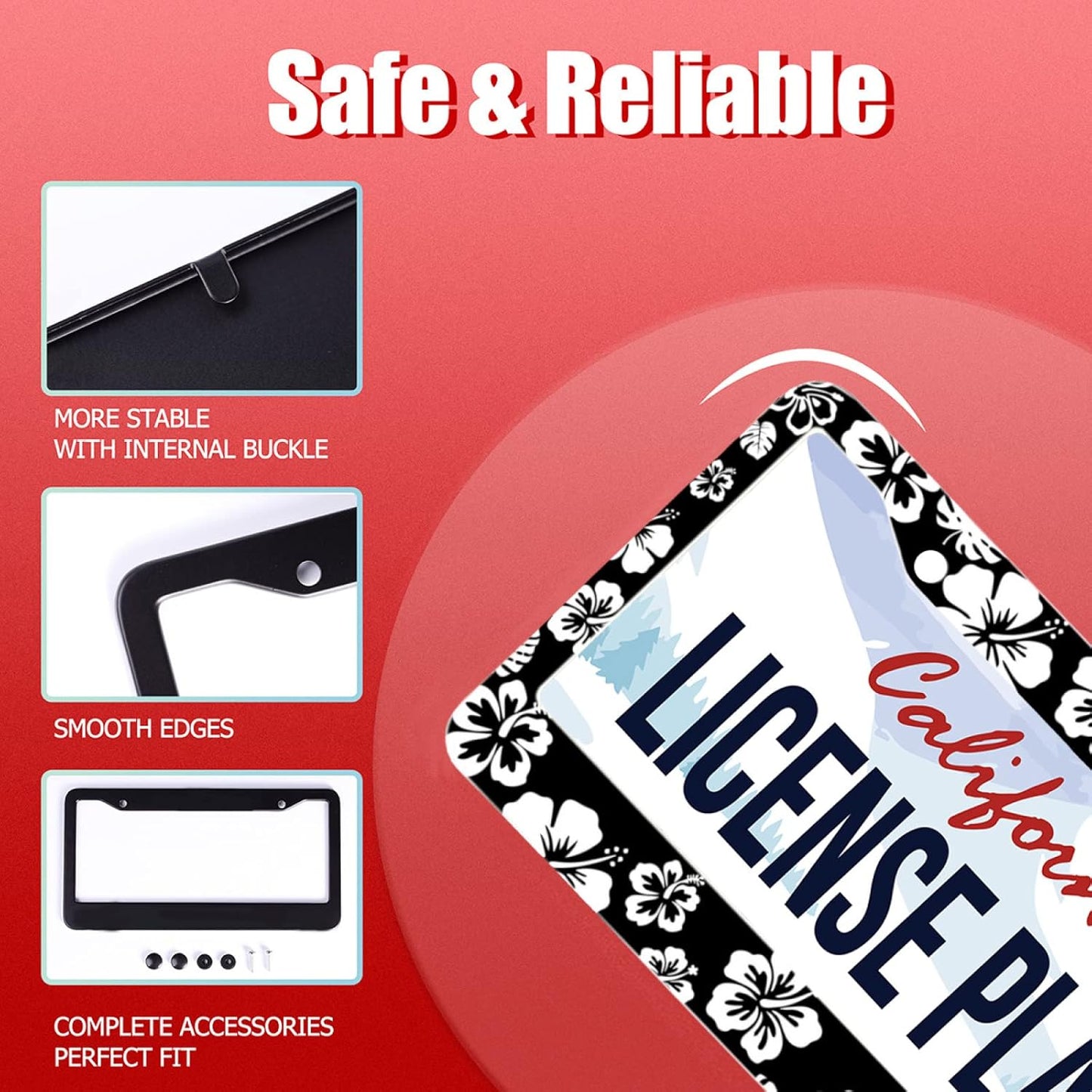 【2Pcs】 White Hibiscus Hawaii License Plate Frames Round Hole Personalise License Plate Frame Car Universal Accessories Stainless Steels Cars Decor Fits Standard US Vehicles Size: 12.2 x 6 Inches