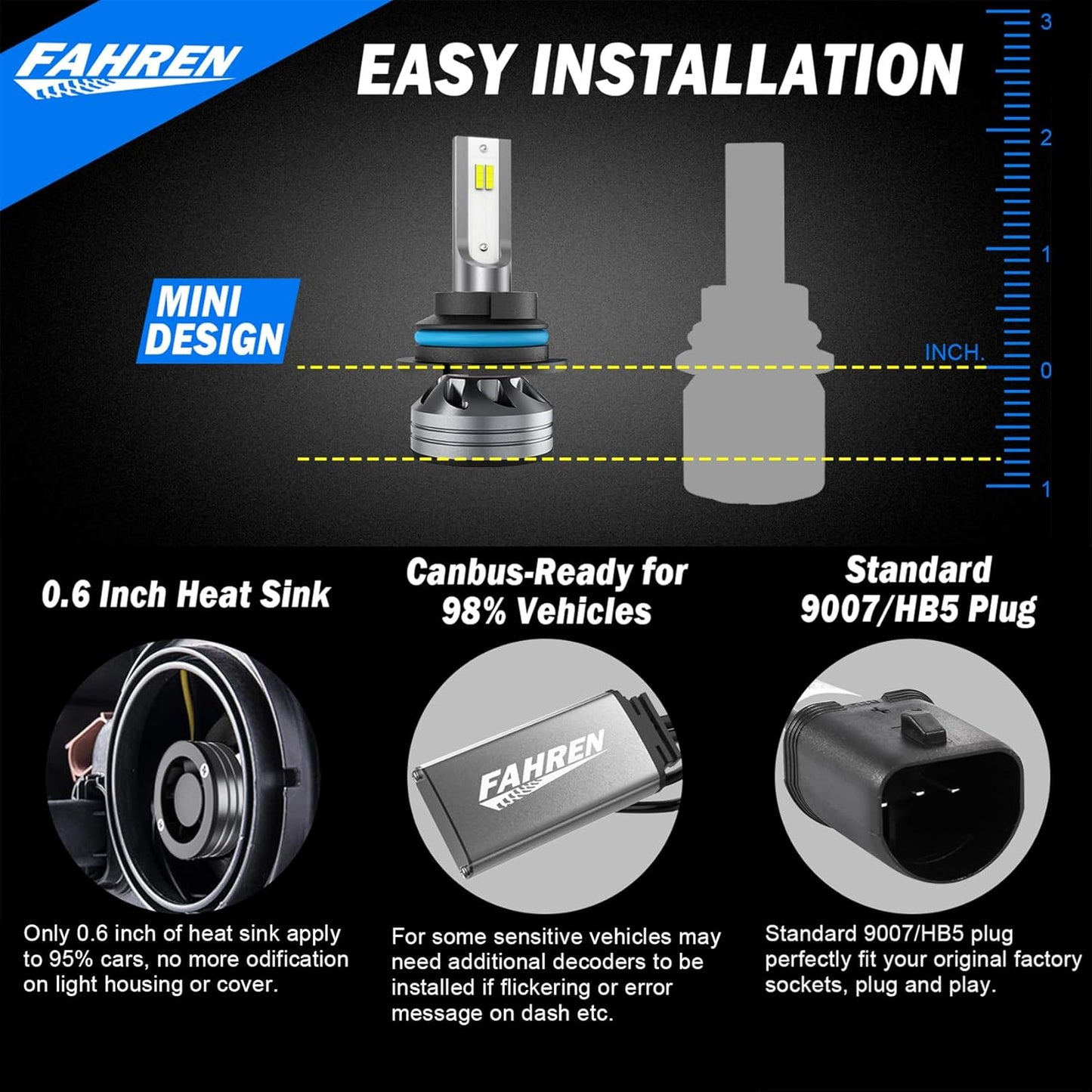 FAHREN 9007 LED Bulb, 33000LM Super Bright, 6500K Cool White, HB5 Driving Bulbs high/low beam with Fan, 60000+ Ultra-long Life, IP68 Waterproof, Plug and Play, Pack of 2