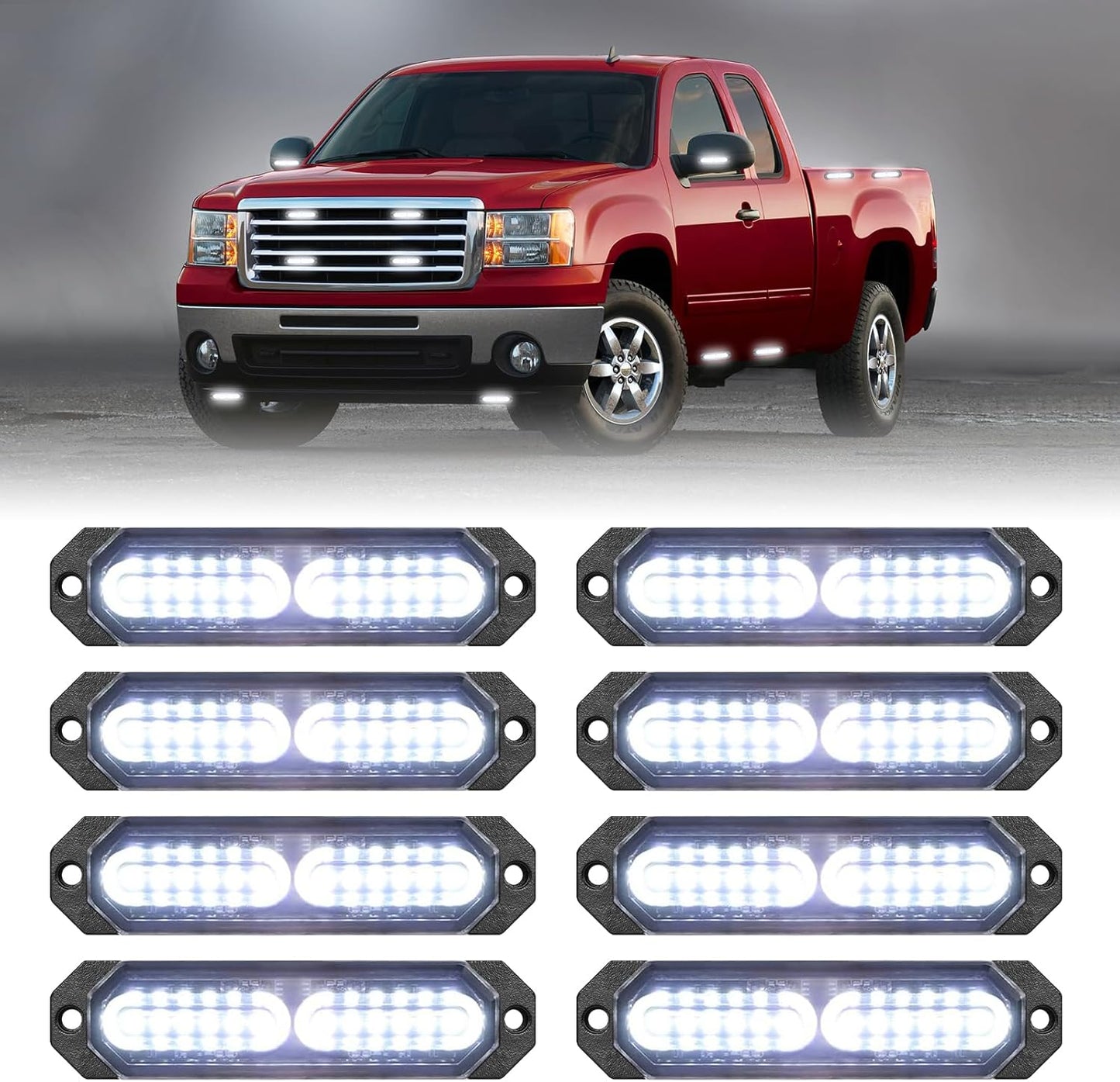 HLauto 1200T Emergency Strobe Grille Lights: 8pcs 12 LED Sync Feature Safety Warning Flashing Light, Ultra Slim Surface Mount Hazard Caution Light for Trucks, Vehicles, Car, ATV, UTV (White)
