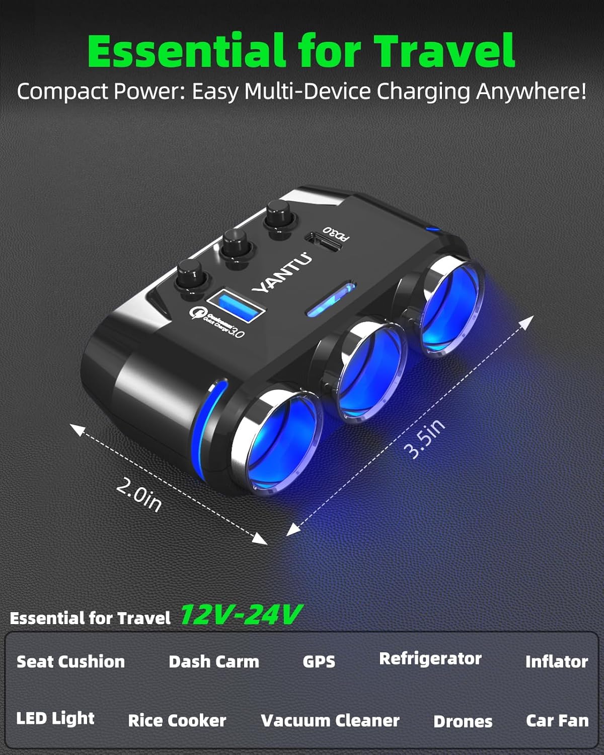 YANTU QC3.0&PD 40W Cigarette Lighter Adapter, 3-Socket 140W Car Cigarette Lighter Splitter with 12v Usb Outlet,Car Charger Adapter with Double/Dual/Usb C Charger Multi Port/Plug Outlet for Car Devices