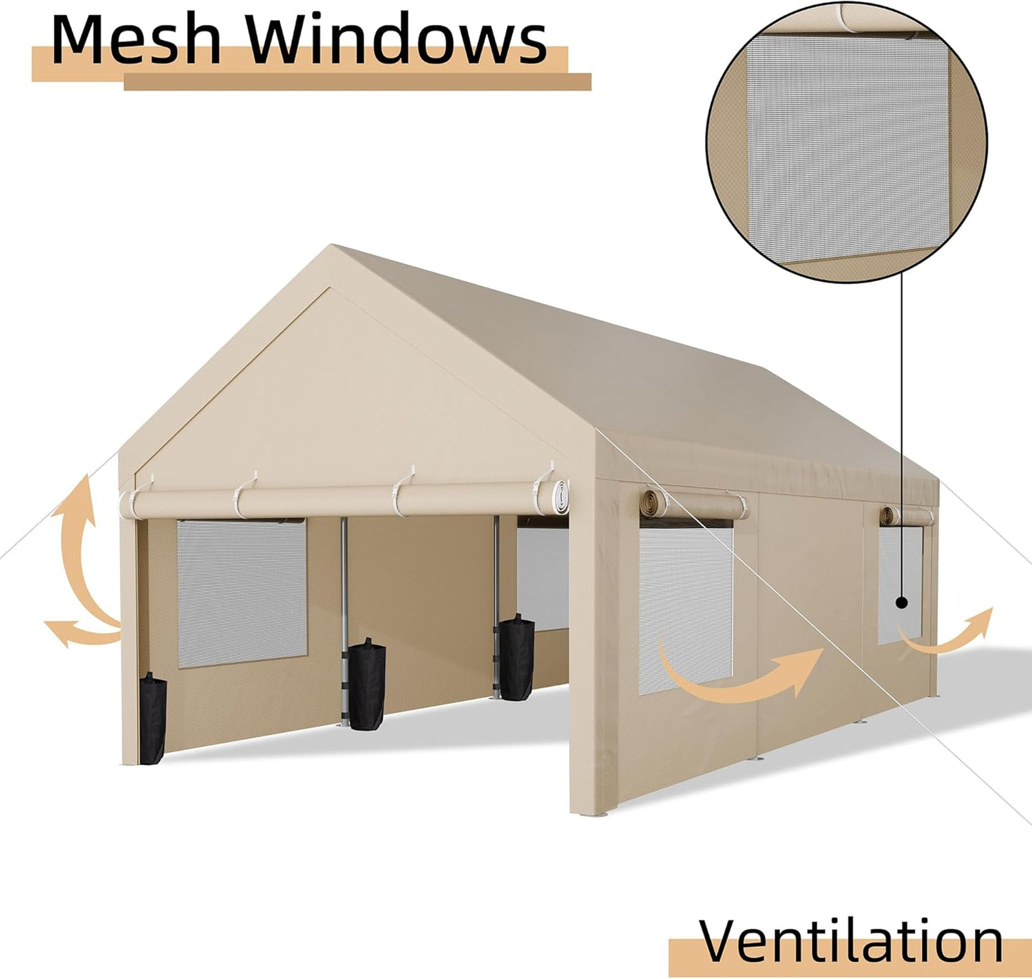 JY QAQA Carport, 12x20 FT Heavy Duty Carport with Removable Side Walls and Doors, Portable Garage with Roll-Up Window and Sandbags, Car Canopy with All-Season Tarp for Cars, Boats, Trucks, Khaki