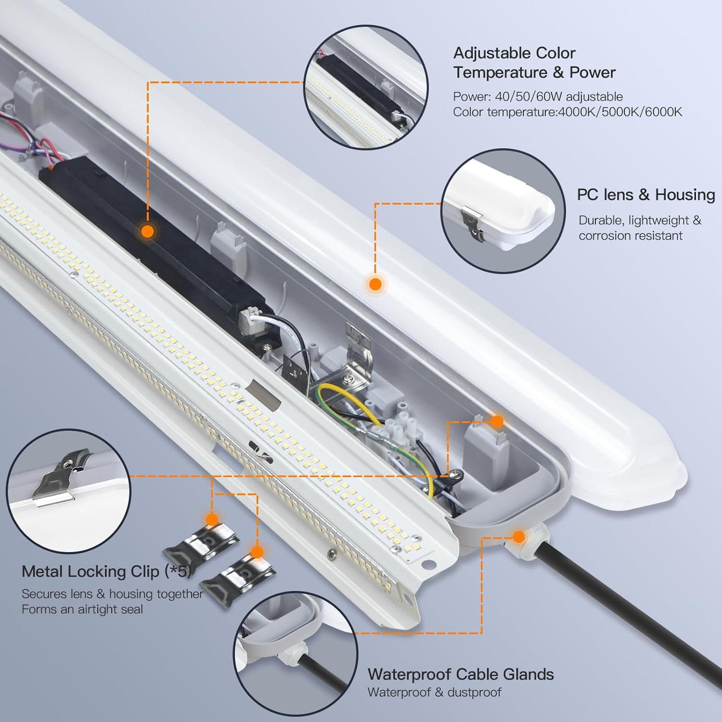JTT LED Vapor Tight Light 60W/50W/40W 7800lm (180W Eq.), Waterproof LED Outdoor Shop Light 6000K/5000K/4000K IP65 Vapor Proof Fixture for Parking Garage Car Wash Warehouse ETL Listed