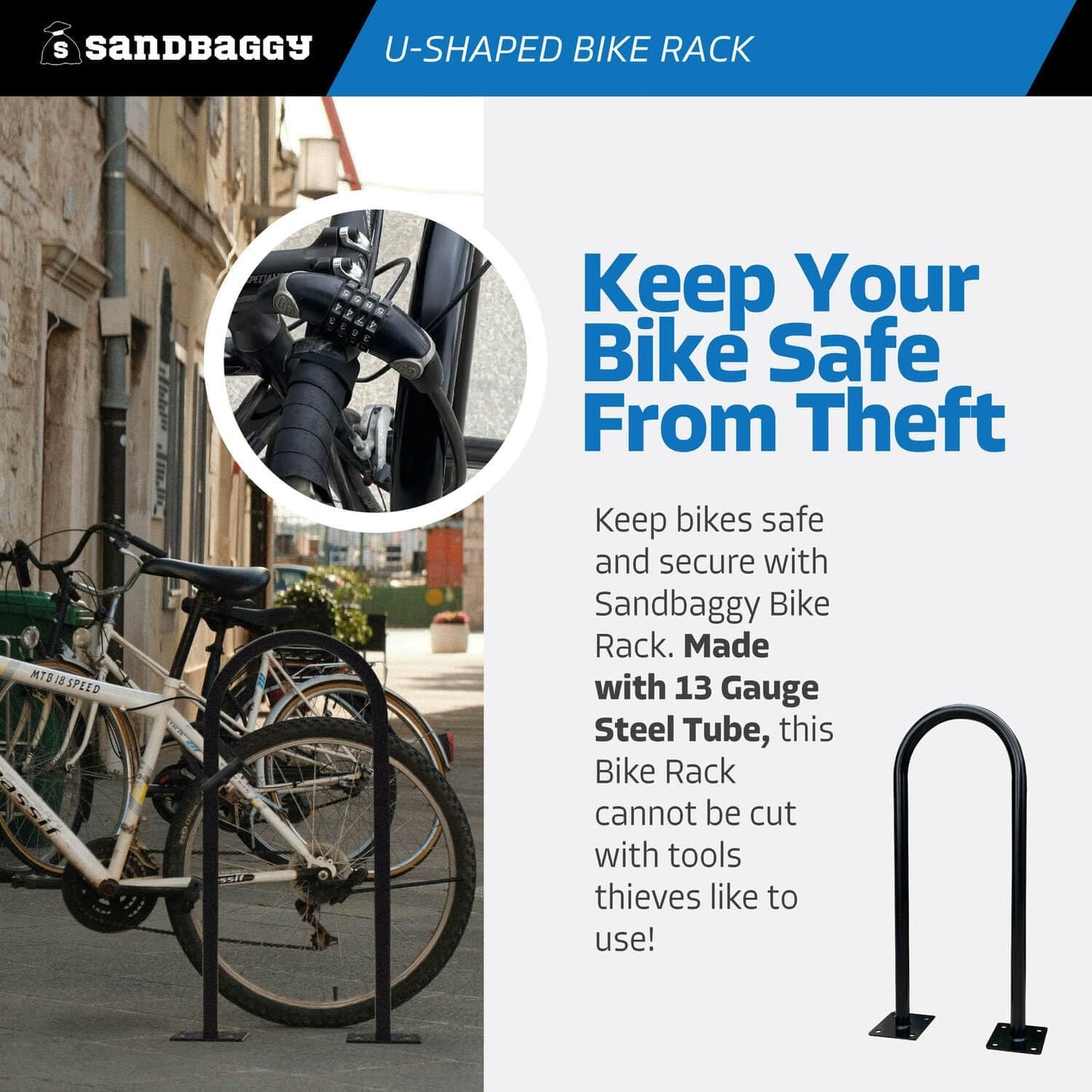 Sandbaggy U Shaped Bike Rack - Outdoor, Commercial - Galvanized Steel - Surface/Ground Mounted (1, White)