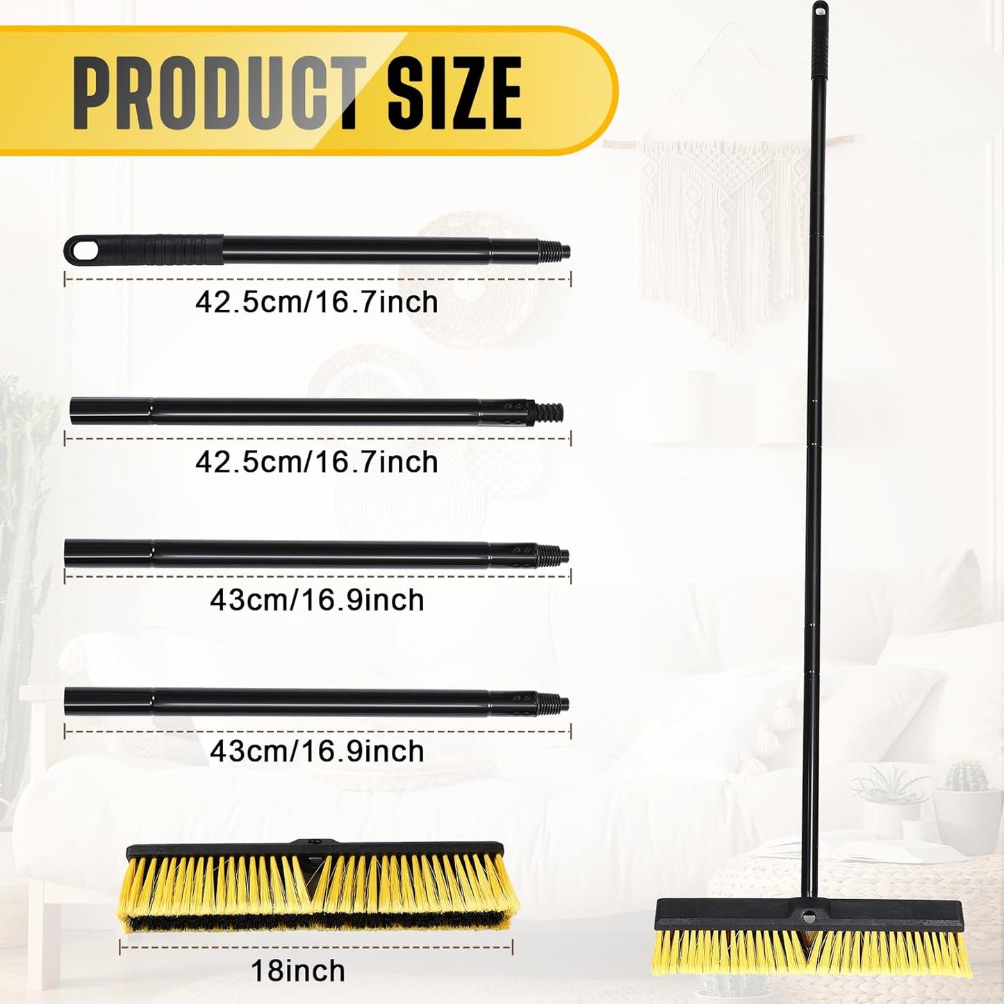 Zhehao 6 Pack 18 Inches Push Broom Outdoor, Multi Surface Garden Brush Broom with Adjustable 63" Long Handle for Deck, Driveway, Patio, Warehouse, Garage, Yard, Concrete Floor Cleaning