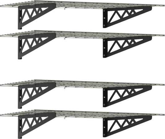 SafeRacks Wall Shelves - 4 Pk 24"x48" Wall Mountable Shelving Unit for Storage Rack, Pantry Shelves, Utility Shelving, Heavy Duty Shelves w/8 Accessory Hooks, 500lbs Capacity, Hammertone