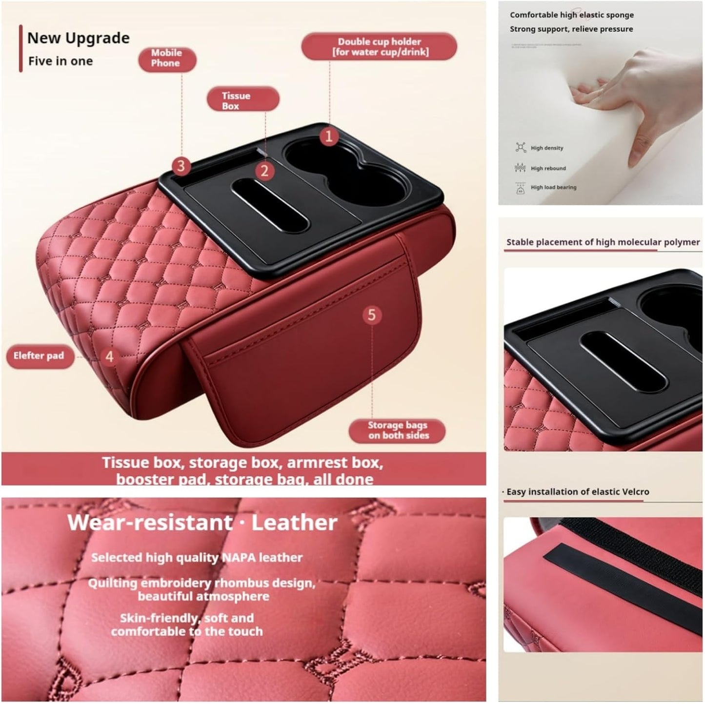 Center Console Cover Organizer, 5-In-1 Arm Rest Cover for Car with Cup Holder & Storage Pocket & Tissue Holder, Armrest Cover Cushion Pad, Grid, Beige