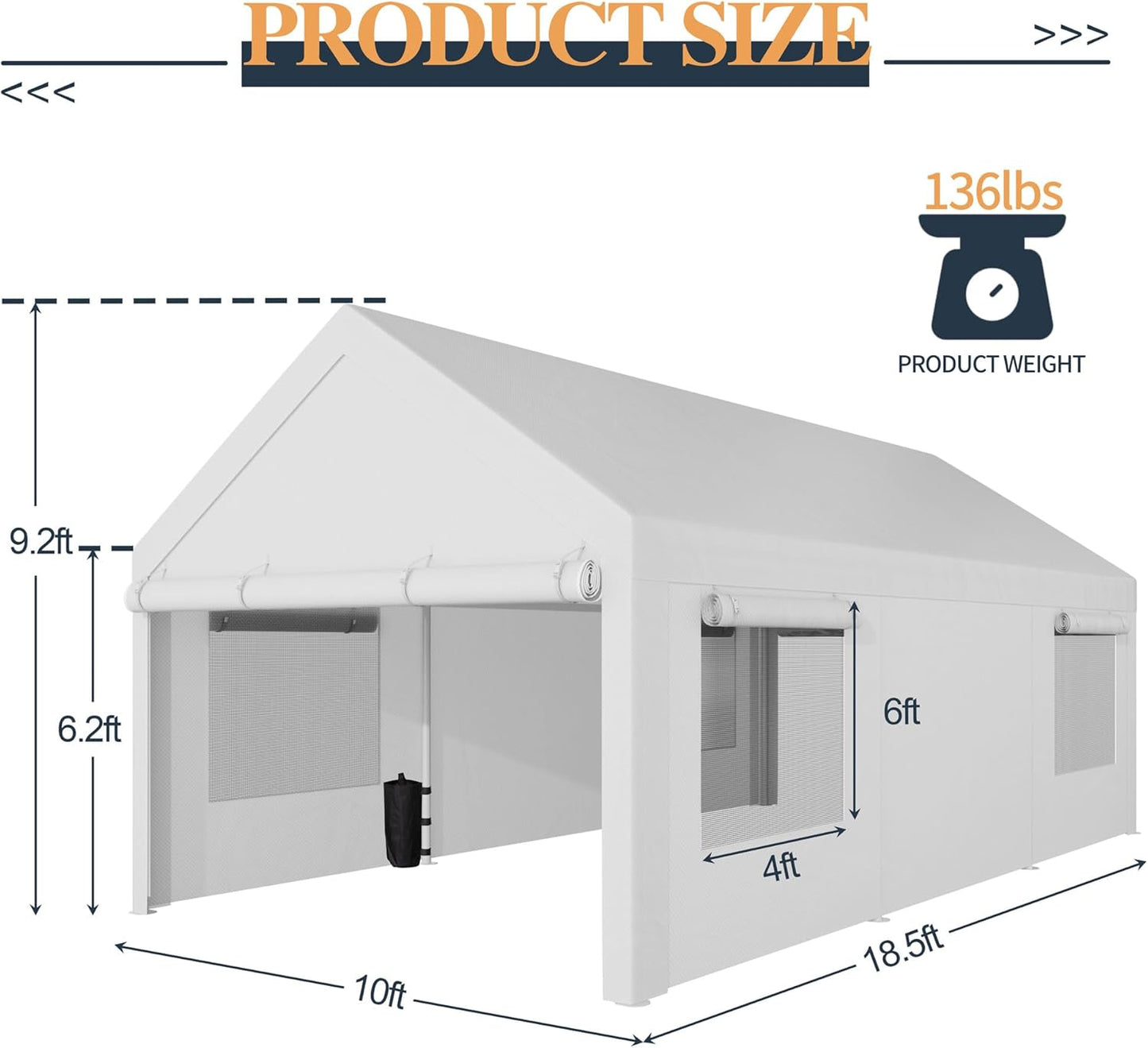 Shintenchi Carport 10' x 20' Heavy Duty Portable Garage, Car Port Canopy with Side-Opening Removable Door & Roll-Up Windows, Car Canopy for Truck,Car,Boat,Motorcycle,White