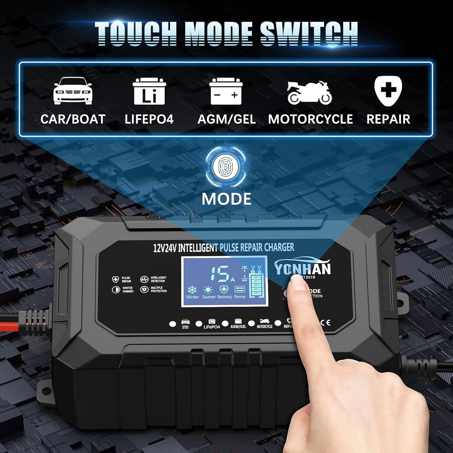 YONHAN 15-Amp Battery Charger LiFePO4 Trickle Car Battery Charger 12V 24V Fully-Automatic Smart Battery Chargers, Lead Acid Portable 9-Stage Smart Battery Maintainer with Temp Compensation(Black)