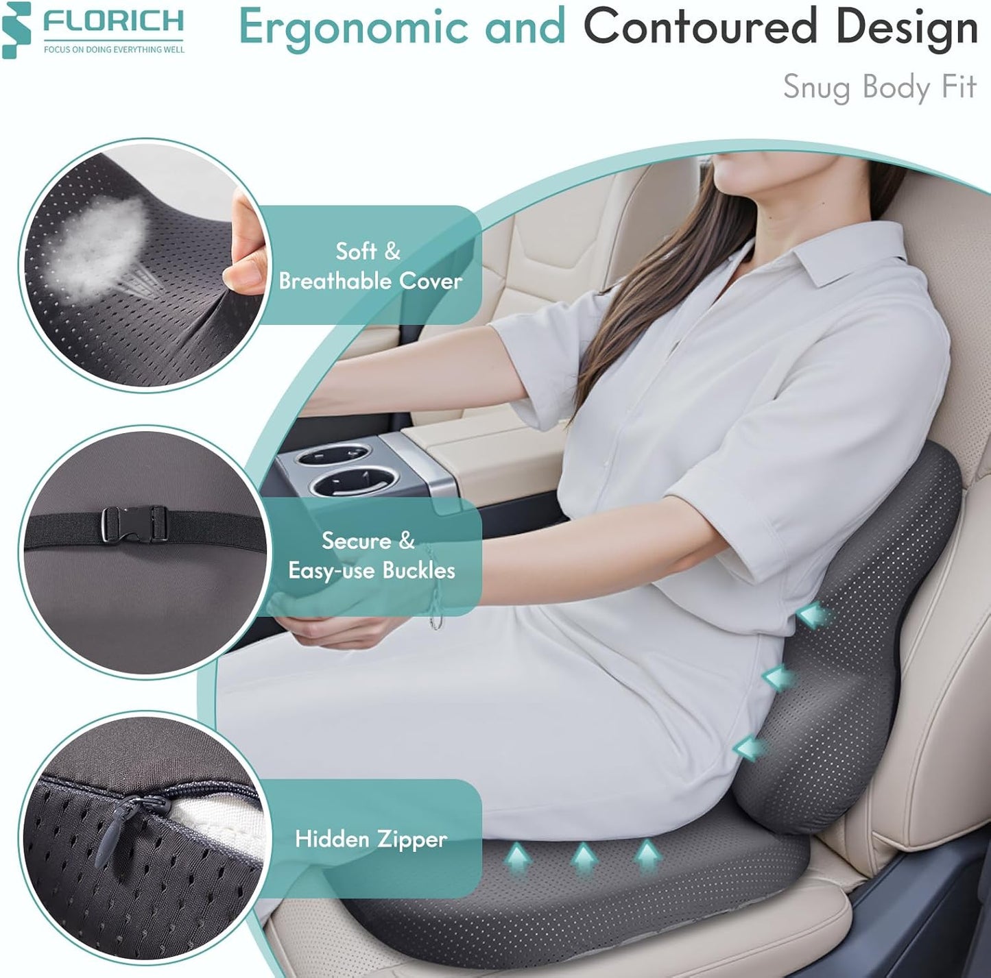 FLORICH Car Seat Cushion and Lumbar Support Pillow for Office Chair Car, Ergonomic Memory Foam, Relieves Back Sciatica Pain, Pressure-Relieving Back Support for Car, Office Chair & Wheelchair – Gray