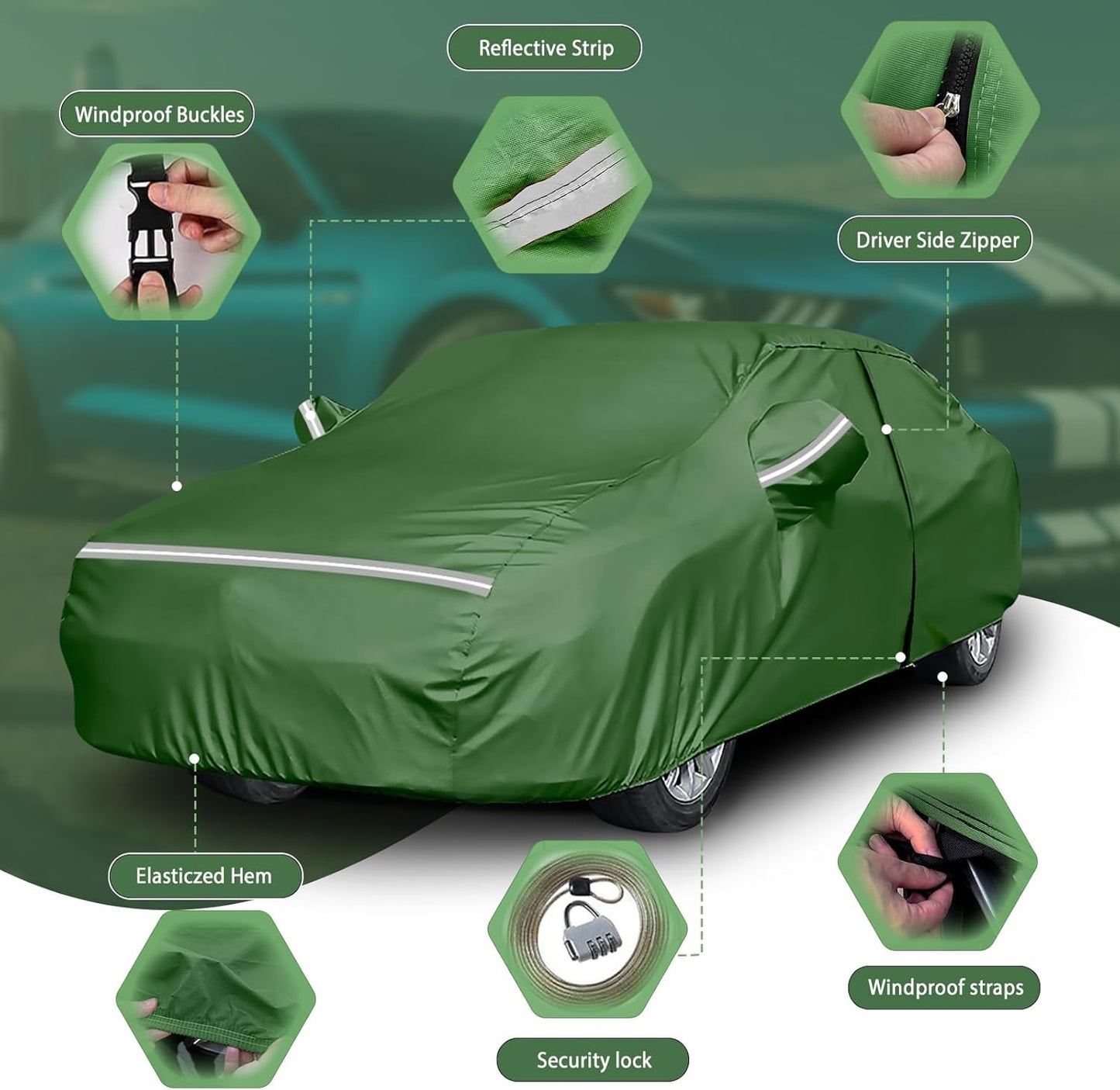 BOSSTONE Car Cover Custom Fit for Ford Mustang 1994-2025, Waterproof All Weather for Automobiles Full Exterior Cover Rain Sun Snow Protector with Door Zipper (Green)