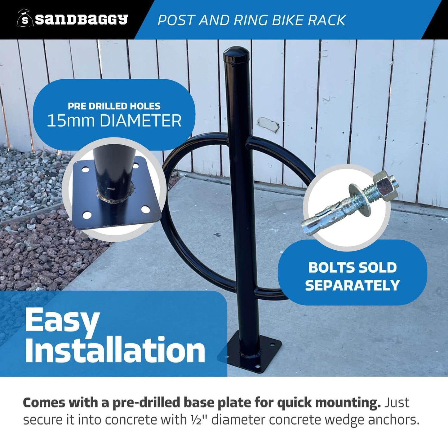 Sandbaggy Post and Ring Bike Rack - Commercial Bike Racks - Galvanized Steel - Anti-Theft Design - In Ground, Apartments, Sidewalks, Industrial (White, 1)