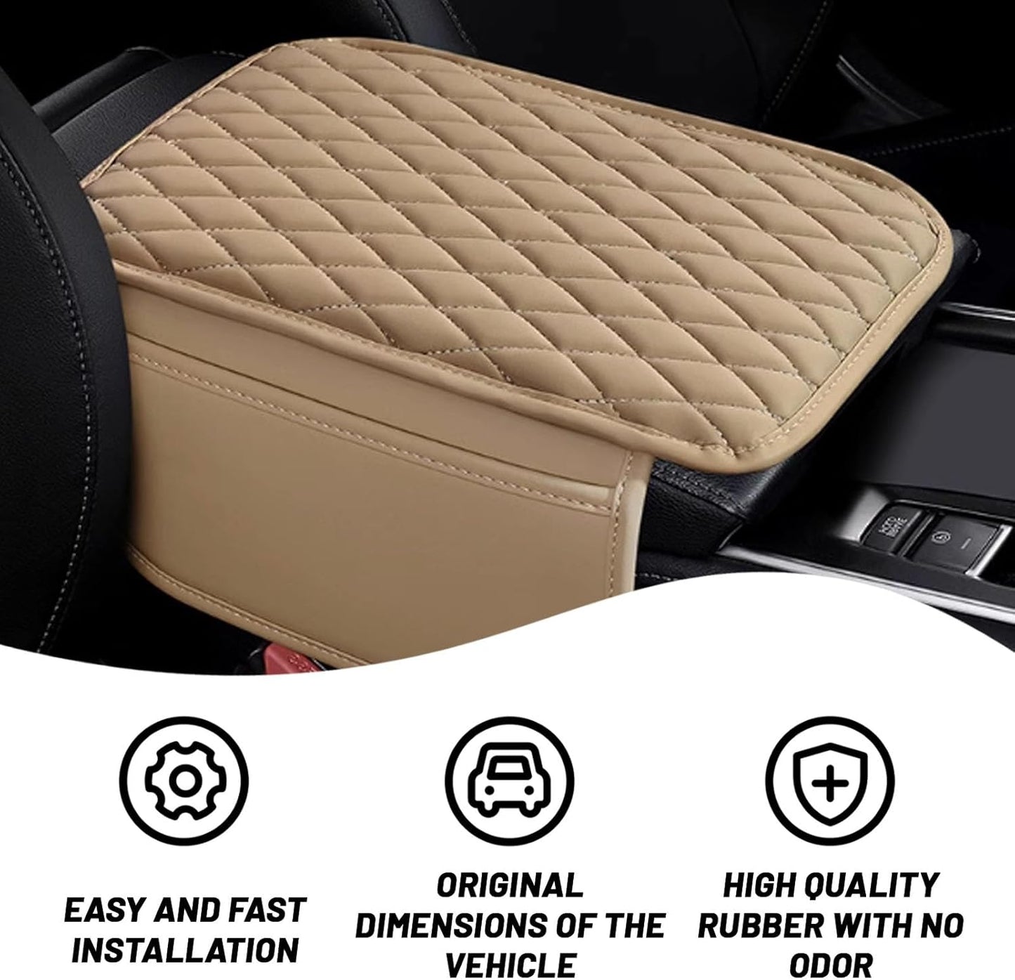 Car Center Console Cover, Upgraded Leather Arm Rest Cover for Car SUV, Car Middle Armrest Console Cover with 2 Storage Bags Scratch Resistant Waterproof Universal Car Accessories (Beige)