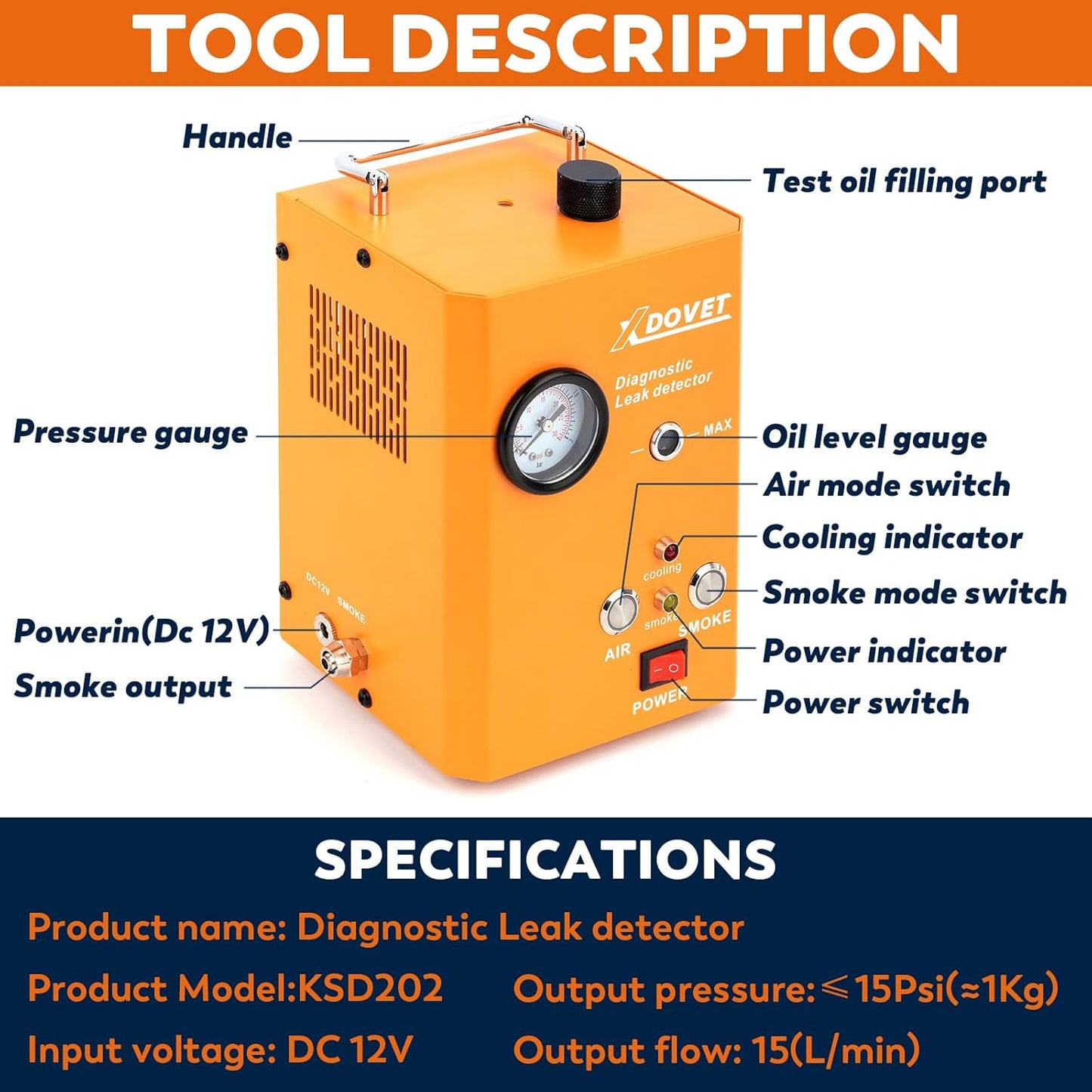 XDOVET Smoke Machine Automotive Leak Detector, KSD201 Pro Auto EVAP Smoke Leak Tetser with Built-in Air Pump, Pressure Gauge, Emission Vacuum Exhaust Smoke Tester Tools Kit for Cars