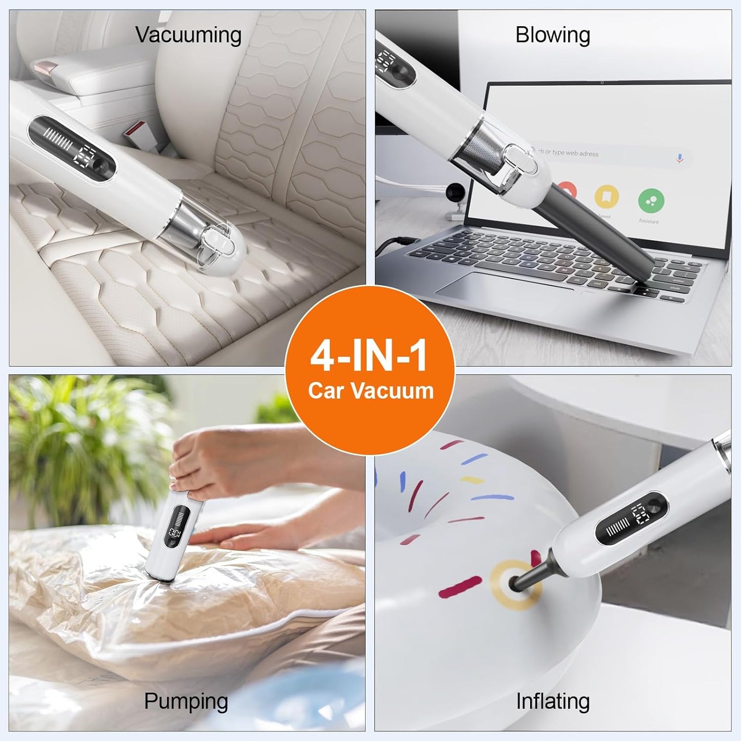 4-in-1 Handheld Cordless Car Vacuum – 19000PA, Brushless Motor, 2-in-1 Blow & Suction, Dual Modes, Type-C, Mini & Portable for Car, Home, Office, Keyboard Cleaning