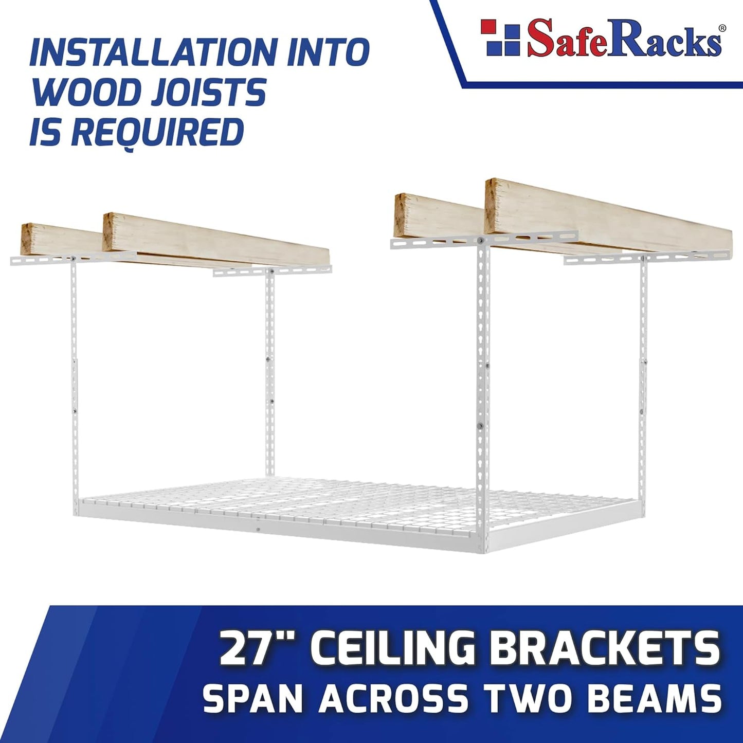 SafeRacks 4x6 Overhead Garage Storage Rack - Height Adjustable Steel Overhead Storage Rack - 500 Pound Weight Capacity (White, 12"-21")
