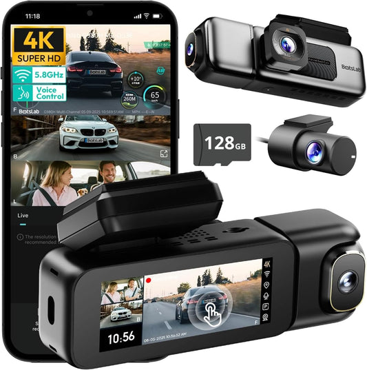 3 Channel Dash Cam 4K with 128GB Card, 3.18" Touch Screen, Voice Control, 4K Front and 1080P Rear Inside Loop Recording, 5.8GHz WiFi, GPS, Night Vision, WDR, Parking Mode
