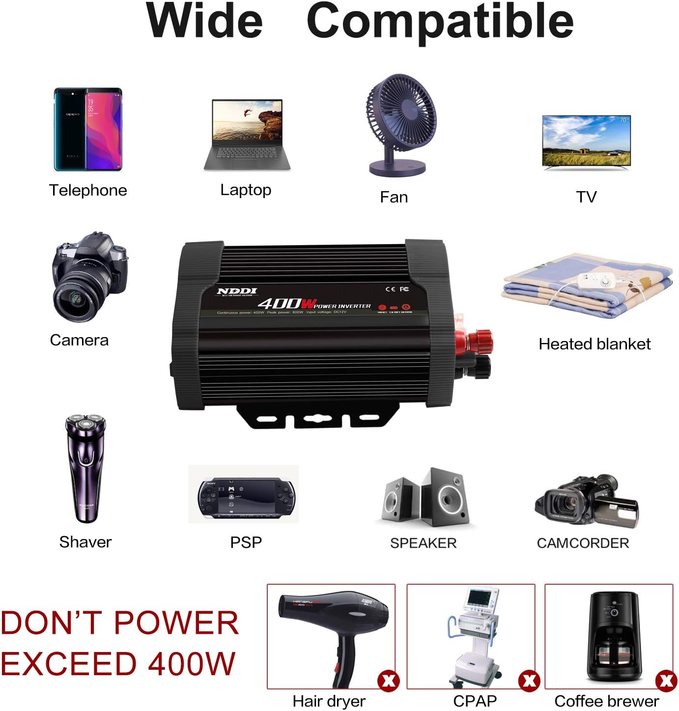 400W Car Power Inverter, DC 12V to 110V AC Converter with 2 Charger Outlets and Dual 3.1A USB Ports Cigarette Lighter Socket Adapter(Black)