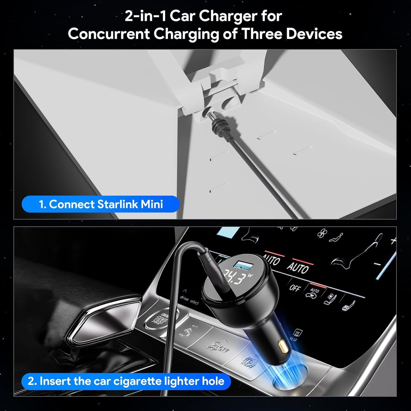 QUIDDITY Starlink Mini Car Adapter DC Power Cable + Cigarette Lighter Adapter 12V-24V with Digital Display, Water-Resistent Car Charging Cord with USB Type-C Port Starlink Mini Accessories(5M/16FT)
