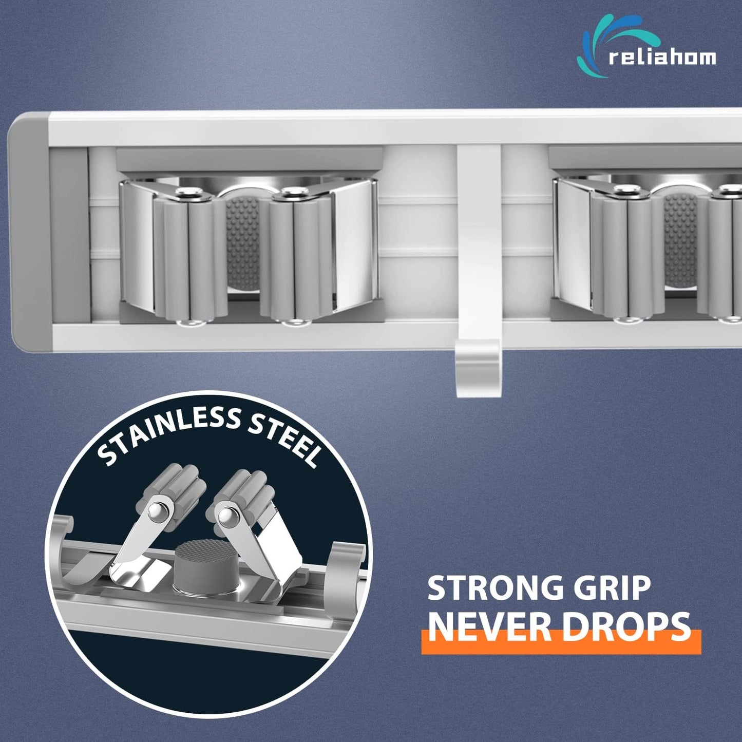 Broom Holder Wall Mount Mop and Broom Hanger Wall Mounted Garage Storage Rack Kitchen Garden Tool Organizer (5 Racks with 4 Hooks, Silver)