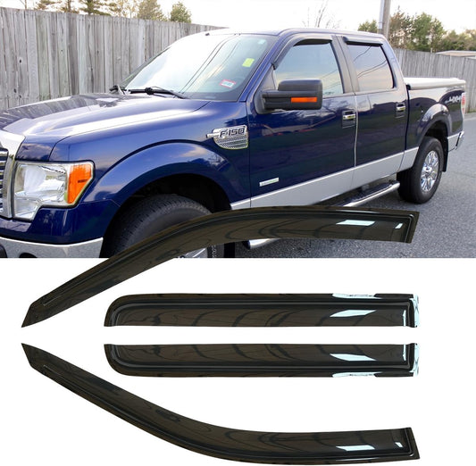 4pcs Original Shatterproof Outside Mount Style Window Rain Guard Shield Side Window Wind Deflectors Dark Smoke Vent Window Visors Compatible with 2009-2014 F-150 SuperCrew/Crew Cab Only 94155