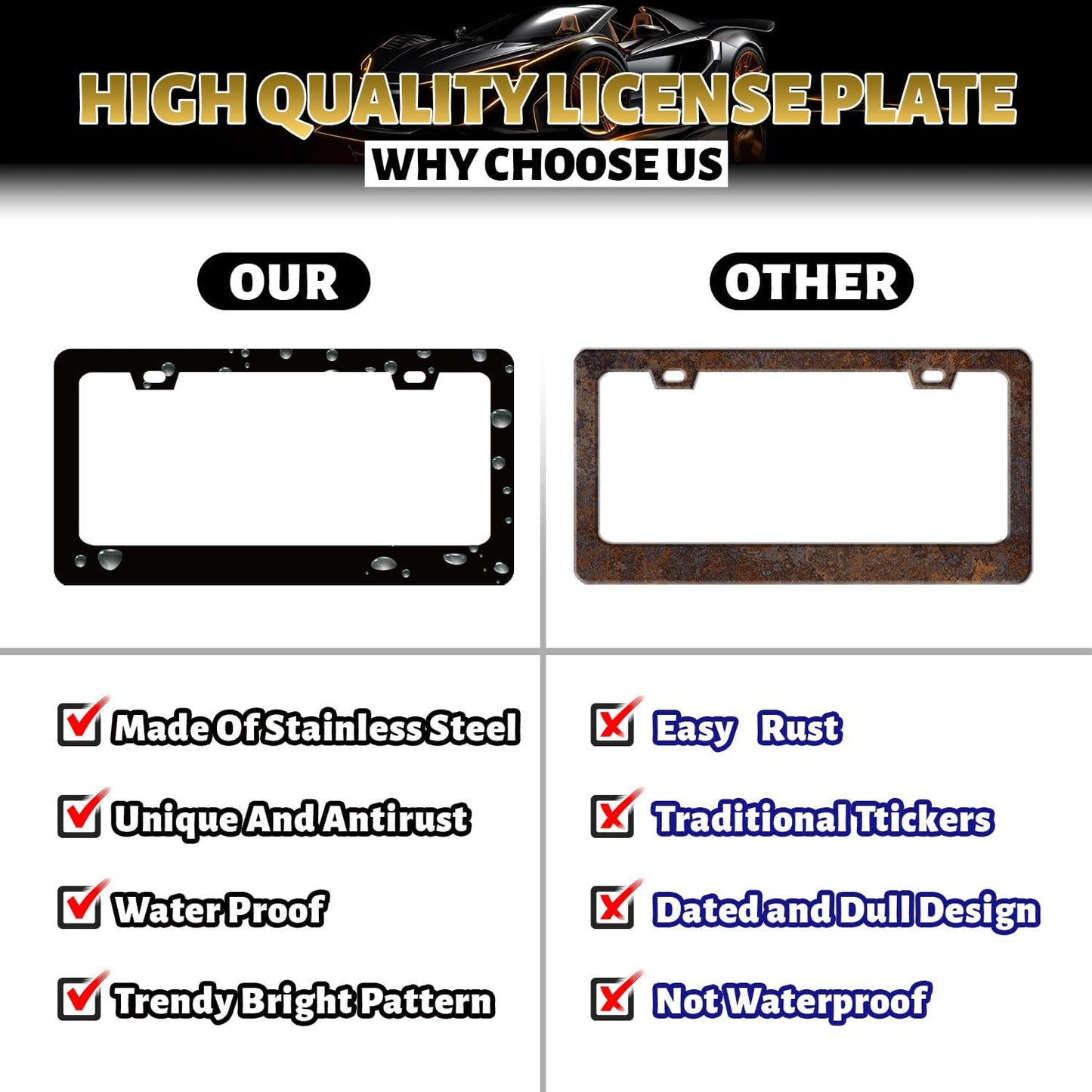 Vintage Black Grey American Flag License Plate Frame Patriotic License Plate Holder Stainless Steel Funny License Plate for USA Canada 6.3" X 12.3" with 2 Holes and Screws