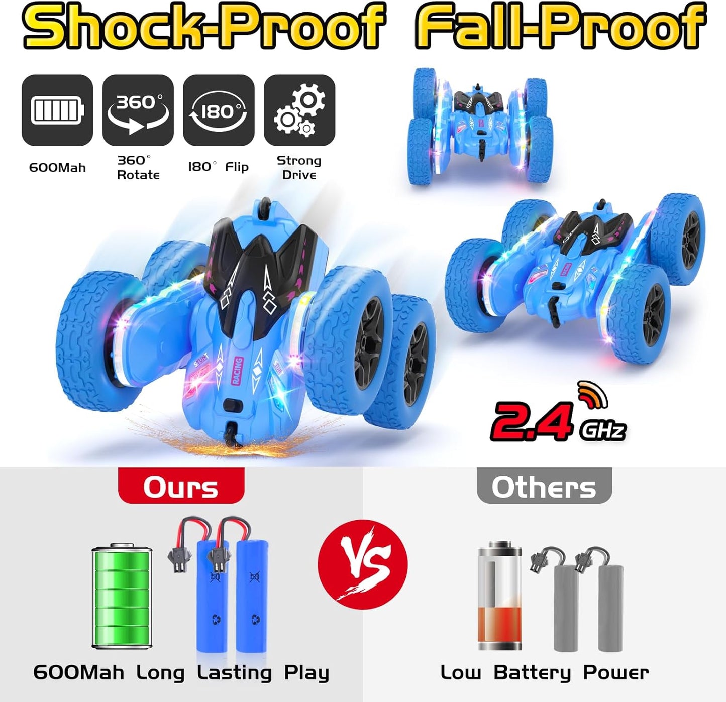 Remote Control Car, RC Cars for Kids with New Upgraded Strip Lights, 2.4GHz RC Stunt Cars with Headlights, 600mAh 4WD 360° Rotating Off Road, 4 5 6 7 8 9 Year Old Boy Toys Birthday Gifts