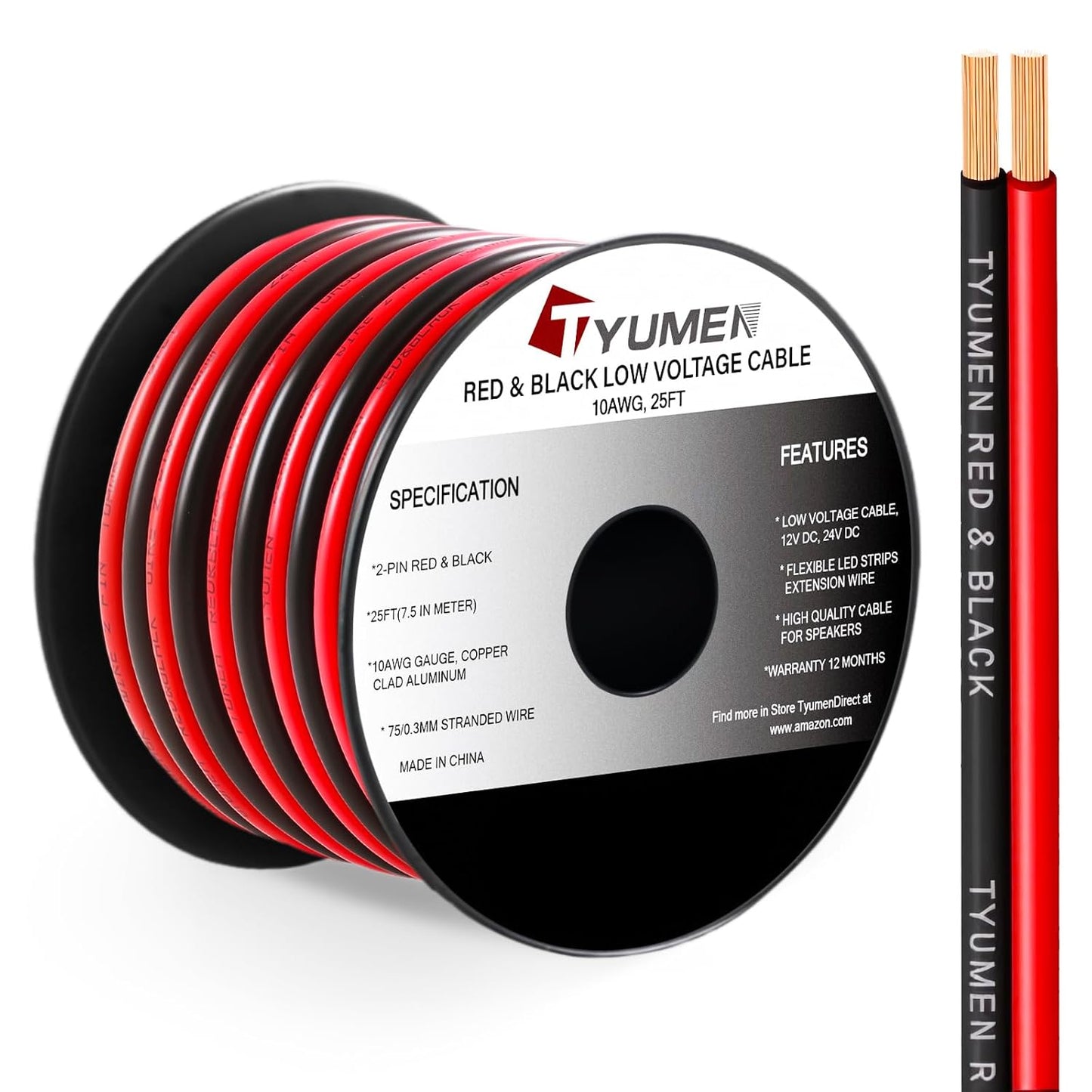 10 Gauge Wire 25FT, 10AWG Red Black Electrical Wire LED Strips Extension Cord 12V/24V DC Cable, 10 AWG 2 Conductors Flexible Low Voltage Wire for in-Home, Autos, Speaker use