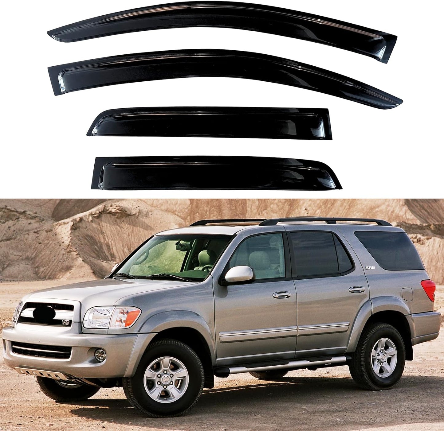 KPY Window Visors Compatible with Toyota Sequoia 2001-2007, 4PC Rain Guard Side Vent Deflectors Tape-On Style, 2001 2002 2003 2004 2005 2006 2007